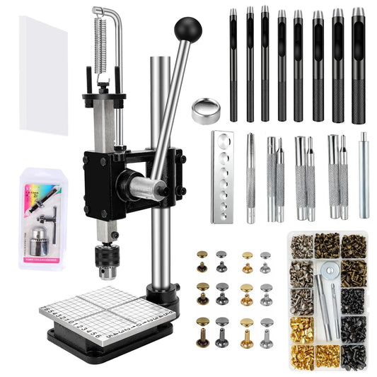 Leather Press Machine,Hole Puncher Hand Punching Machine with 21pcs Punch Tool Include Rivet Setter, Snap kit Tool and 480pcs Rivets | Stainless Steel Pillar | Punch Puller for DIY Leather Craft