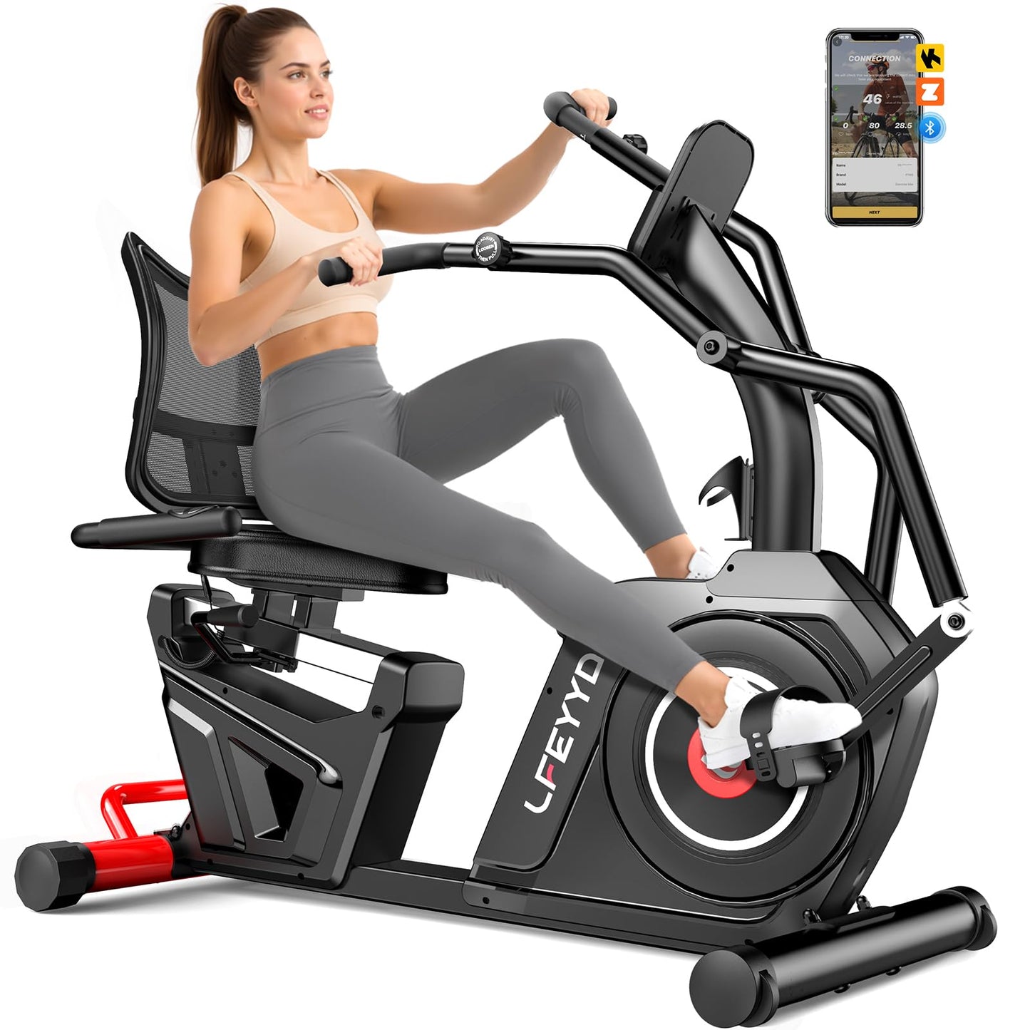 LFEYYD Recumbent Exercise Bike for Home, Stationary Bike with Arm Exerciser, 16-Level Magnetic Resistance, Bluetooth App, LCD Monitor, Heart Rate, Heavy-Duty Frame, Low-Impact Cardio & Physical Therapy, 450LBS Capacity (BIACK-Red)