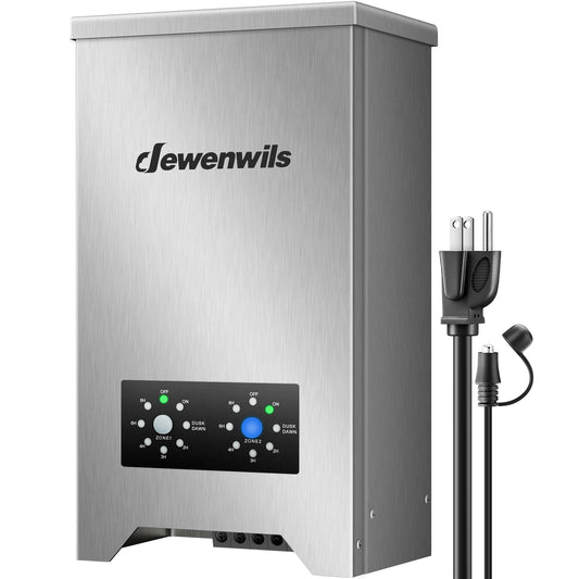 DEWENWILS 600W Low Voltage Landscape Transformer with 2-Zone, Landscape Lighting Transformer with Photocell Sensor & Countdown Timer, 120V AC to 12V/15 AC, Stainless Steel for Outdoor Light, LED Light