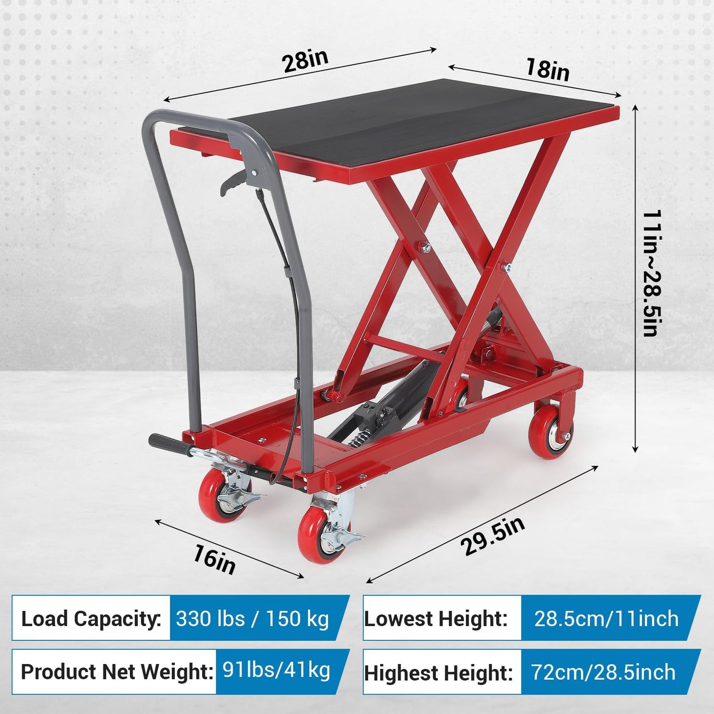 Garvee Hydraulic Lift Table Cart, 330 LBS Capacity 28.5 in Lifting Height, Single Scissor Lift Table with 4 Wheels and Non-Slip Pad for Material Handling and Transportation, Red