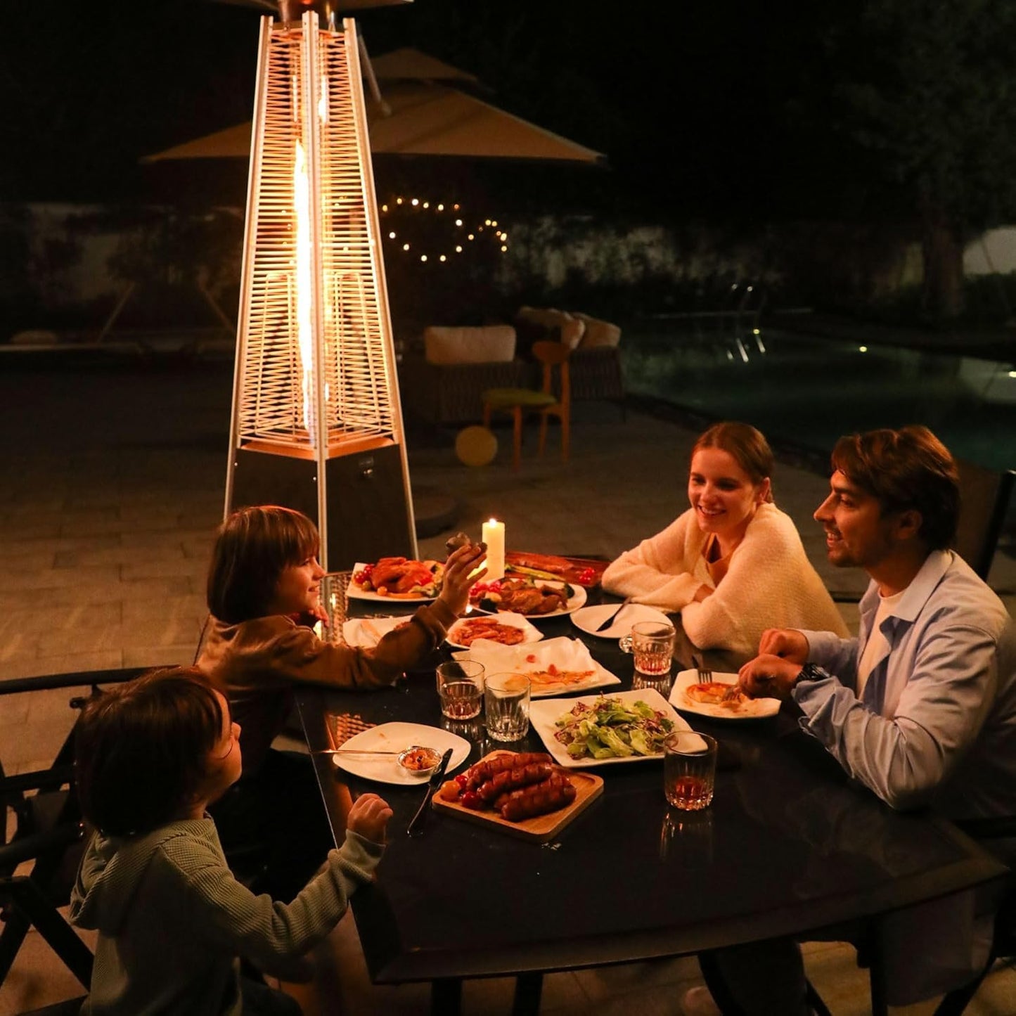 EAST OAK 48,000 BTU Pyramid Patio Heater, Quartz Glass Tube Propane Outdoor Heater with Wheels, Triple Safety Protection, 2025 Upgrade for Home, Backyard & Commercial Spaces, Stainless Steel