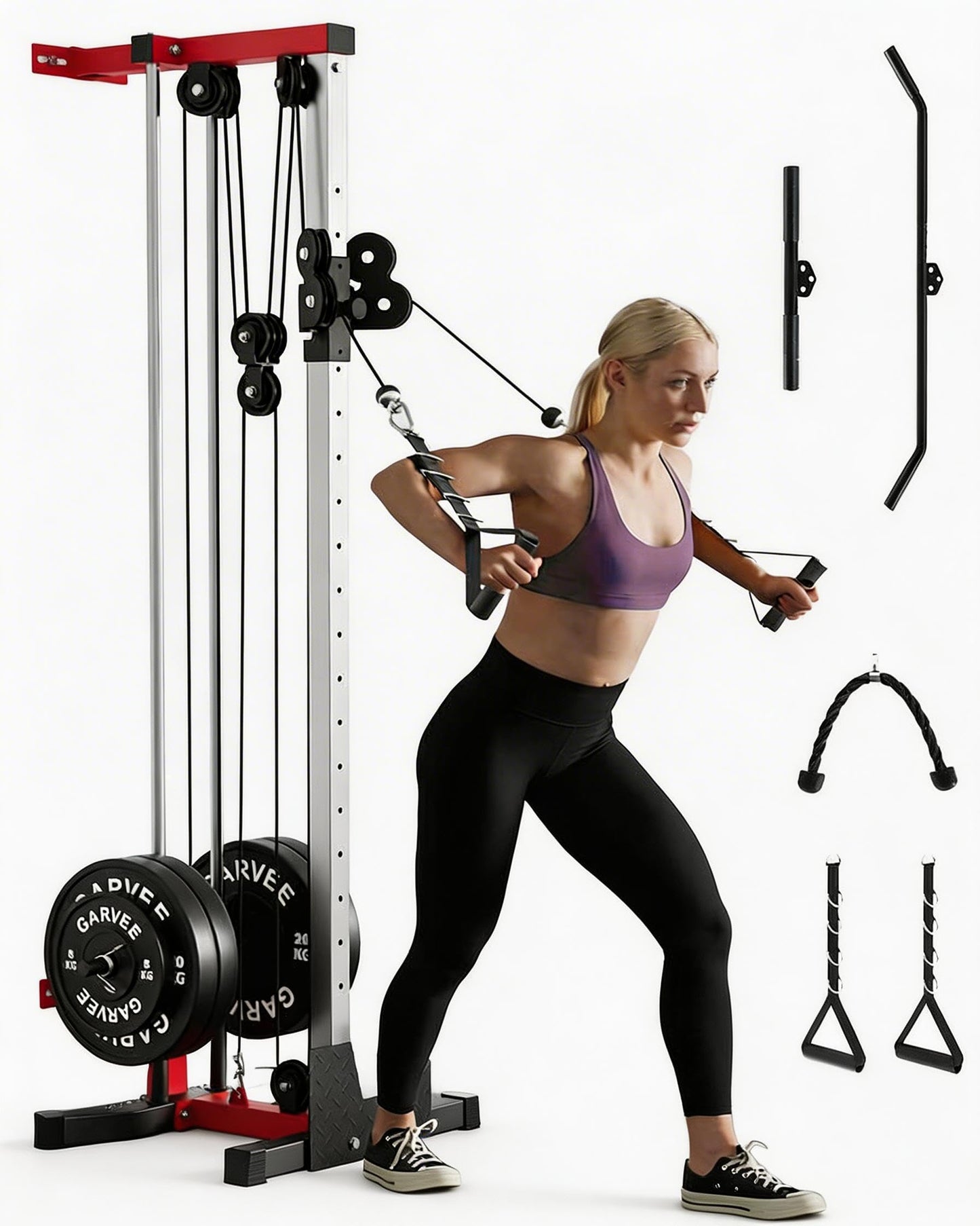LAT Pulldown Machine 3 in 1 LAT Row Cable Machine Home Gym LAT Tower with Leg Hold Down Attachment and More Handle Replacement Fitness Exercise Upper Body Workout Strength Training Machine, Red