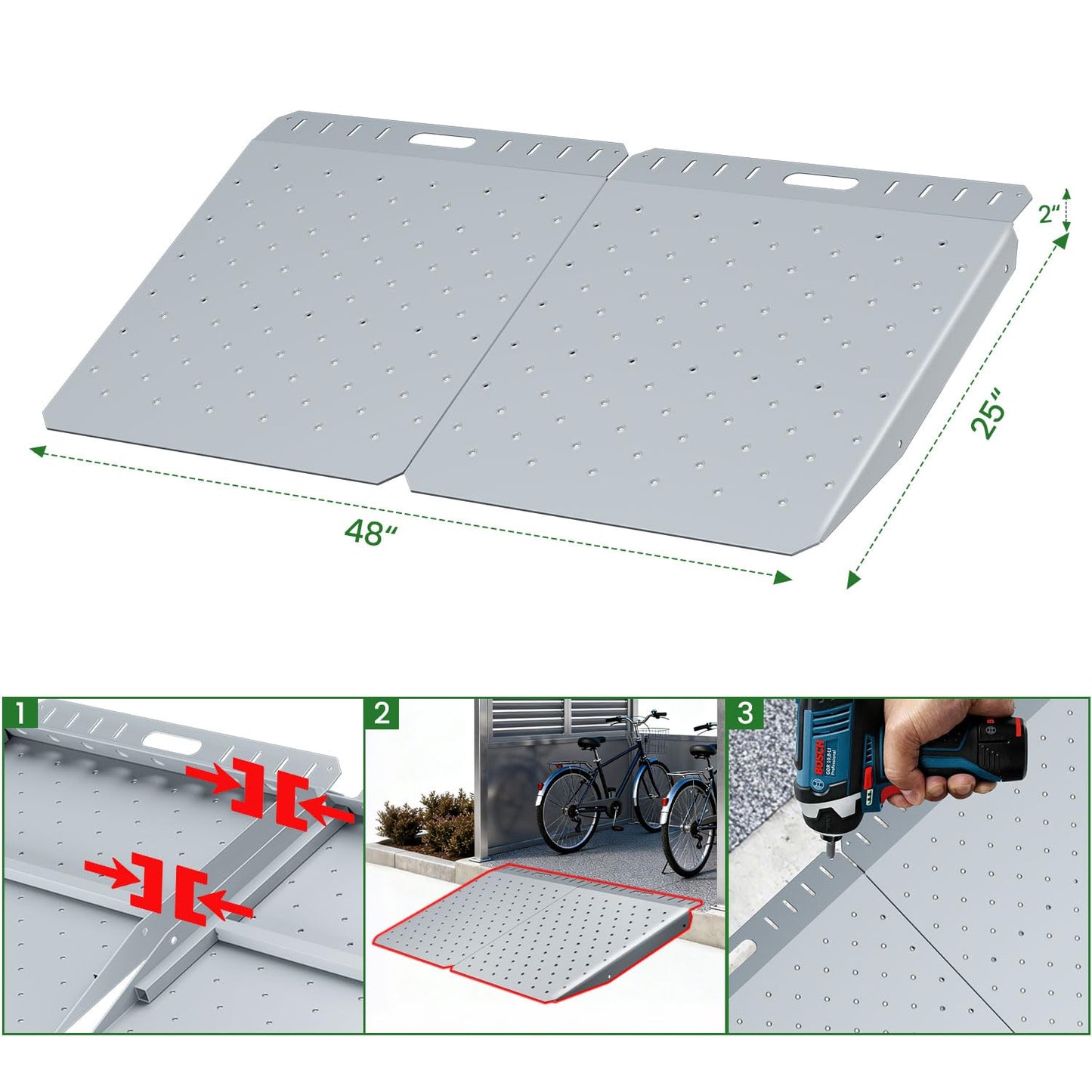 48" Wide Heavy Duty Shed Ramp, 2-Pack 1500 LBS Capacity Anti-Slip Punch Plate Surface Ramp for Riding Lawn Mowers, ATV, Tractors, Motorcycles & Lawn Equipment