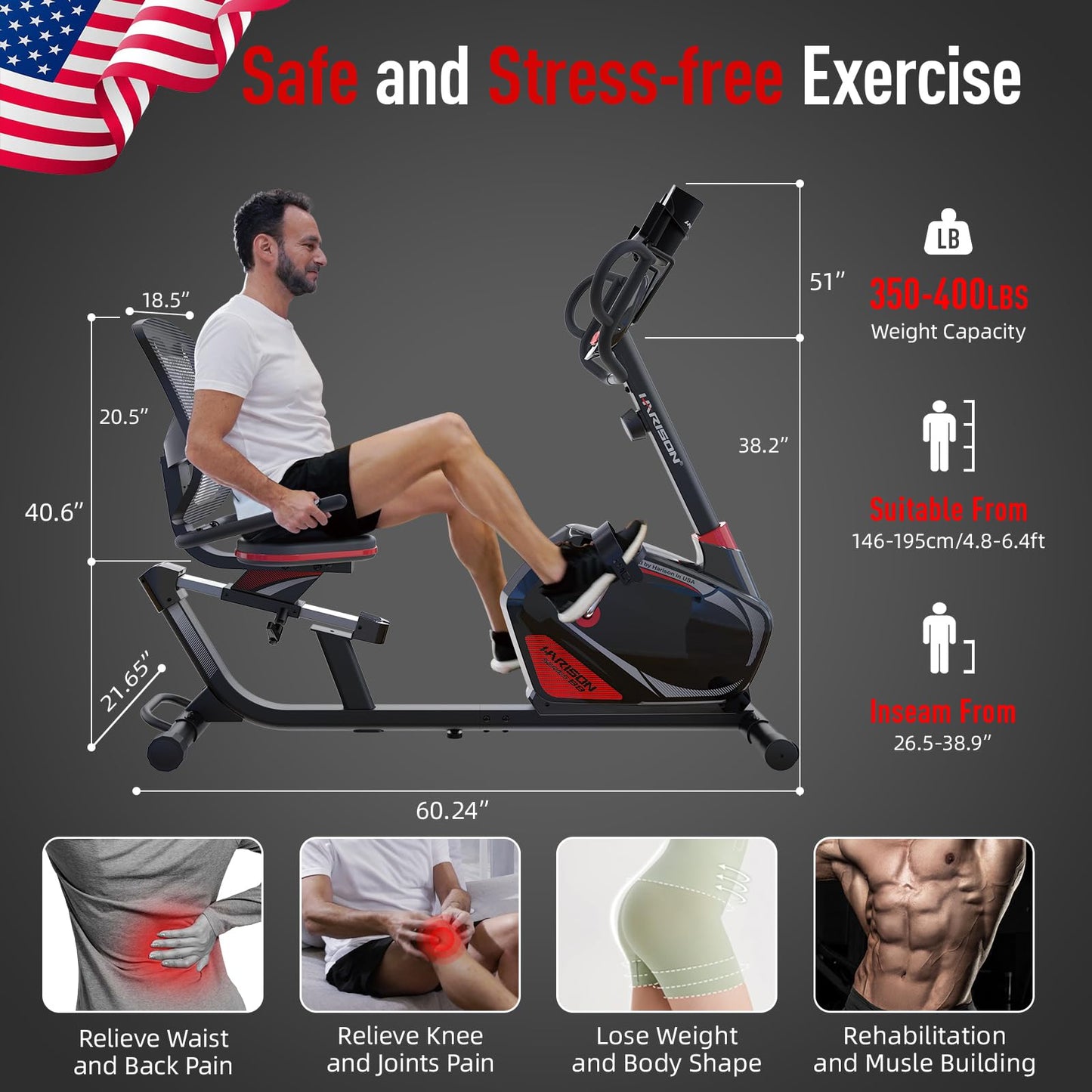 HARISON Pro Recumbent Exercise Bike 400 lbs Capacity, Magnetic Recumbent bike for Adult and Seniors, Recumbent Stationary bike for Home with Smart Bluetooth App, 2 in 1 LCD Monitor and Tablet Holder (HR-B8)