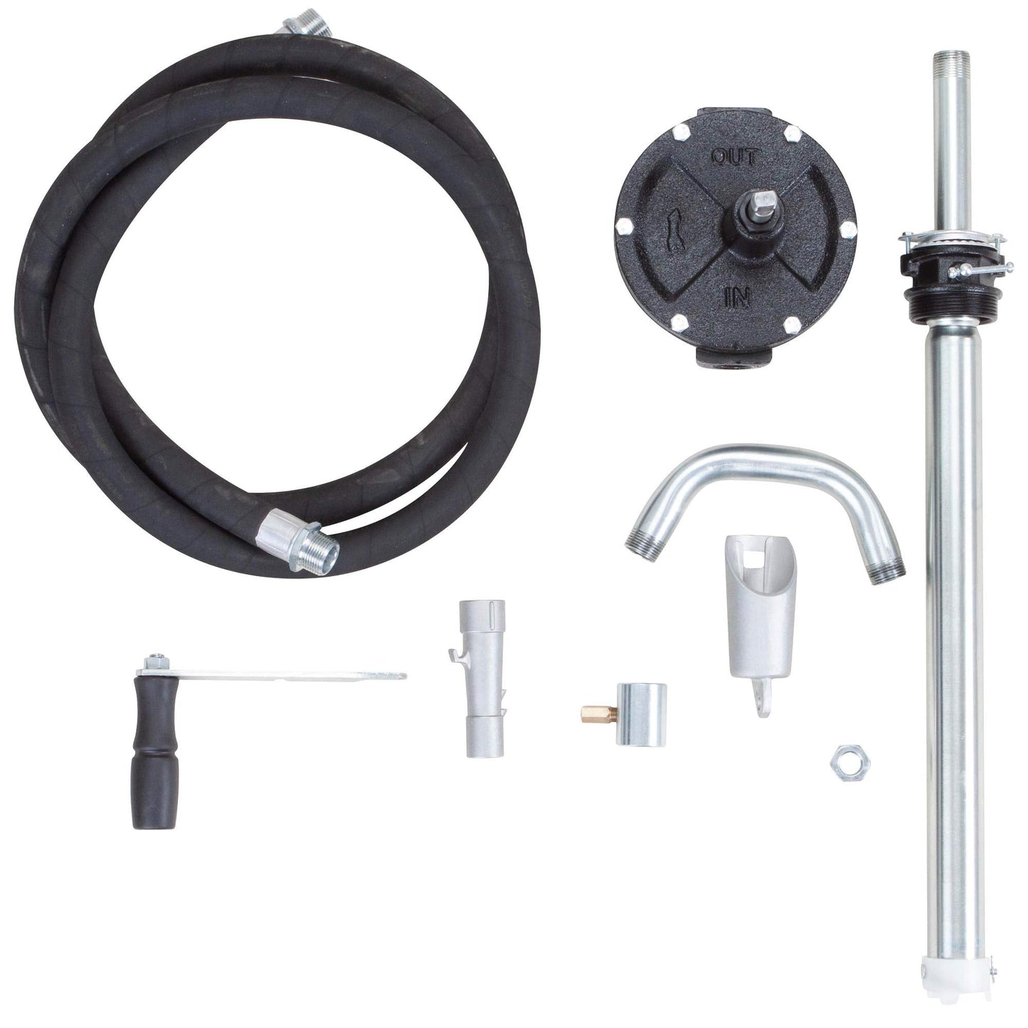 Groz Industrial Rotary Fuel Pump, FM-Approved Cast Iron, 3-Vane, 38 LPM/10 GPM, 8 ft Anti-Static Hose, Aluminum Nozzle, Vacuum Breaker & Flame Arrestor, 2 in Bung, Fits 15-55 Gal Drums (44082)