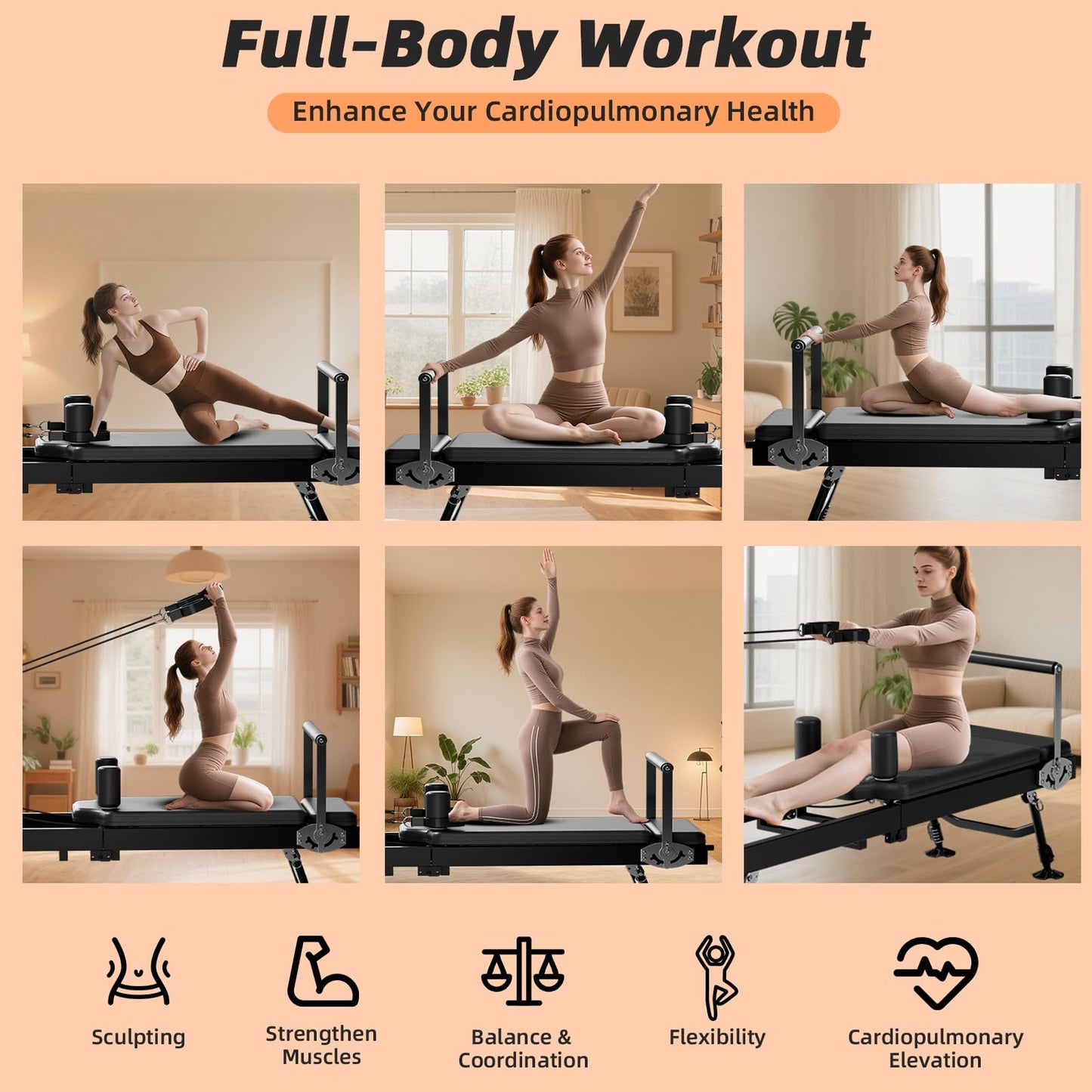 AzureHaven Pilates Reformer Machine for Home, 78" Foldable Reformer with Adjustable Resistance, 5 Elastic Cords, Professional Home Gym Equipment