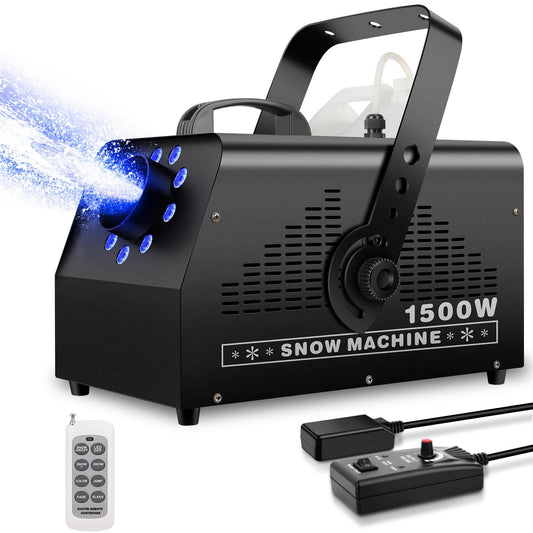 1500W Snow Machine: 9 LEDs Light - Wired & Wireless Remote Control- 7 Color Lights Effect - Snowflake Maker for Outdoor Party Wedding Stage Backyard Events