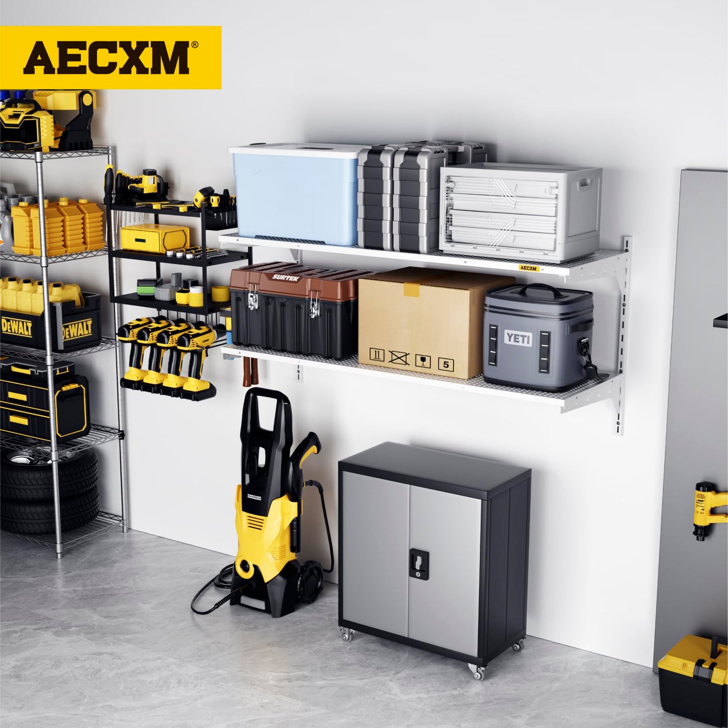 Aecxm 1pack×2 Tier 1.3x4ft Garage Shelving Wall Mounted, 260lbs Load Capacity，15.6x48inch per Shelf Height Cassette Adjustable Floating Shelves(White)