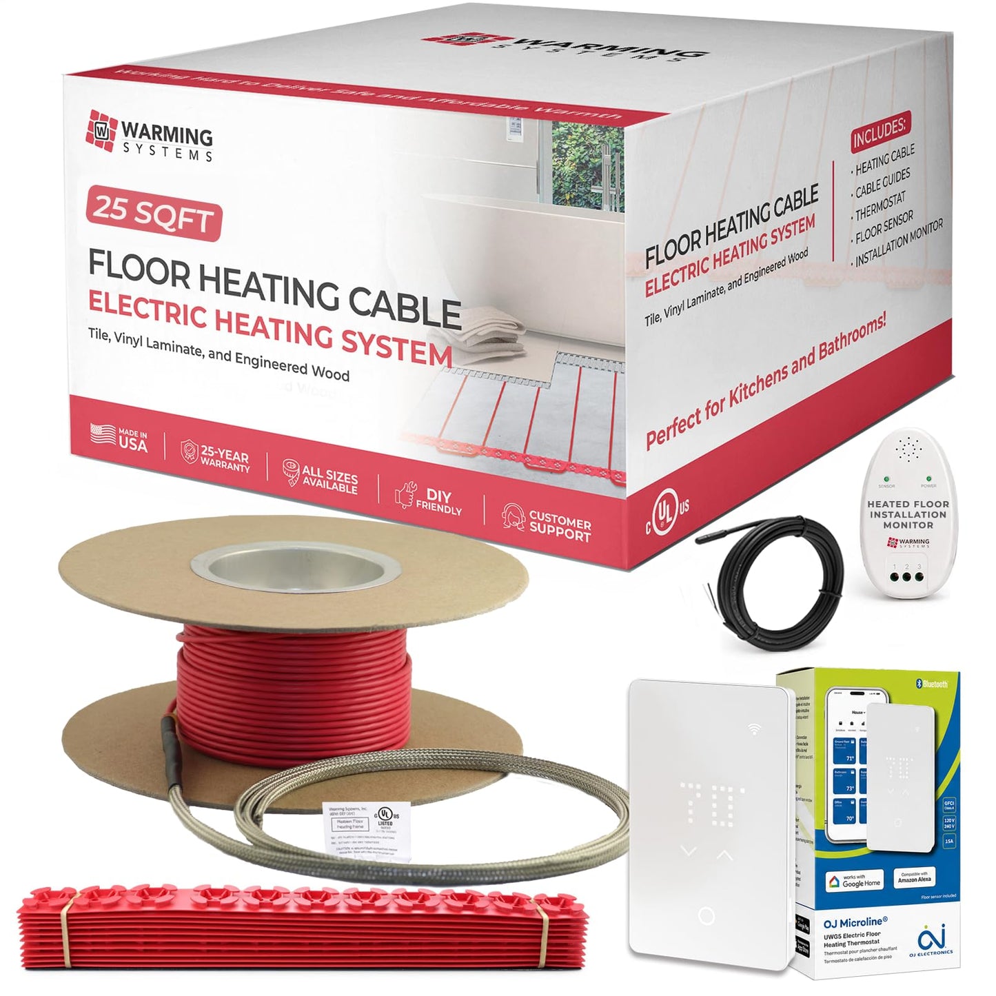 Warming Systems - 25 Sqft Electric Radiant Floor Heating Cable Kit – 120V Heated Tile Floor System with UWG5 Programmable Thermostat, Sensor, Installation Monitor & 25 Year Warranty, Made in the USA