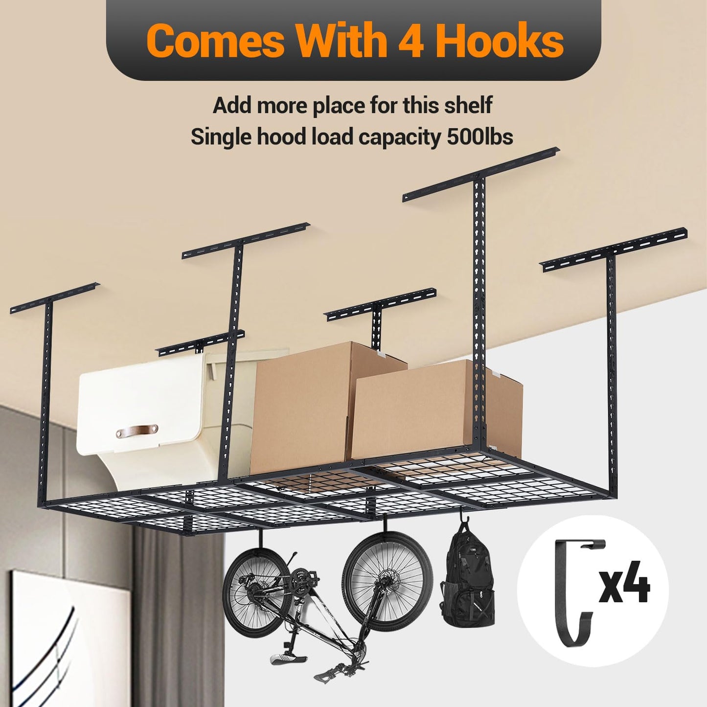 SierraSquad 3x8FT Overhead Garage Storage Rack, 22"-40" Height Adjustable Garage Ceiling Storage Racks, 750LBS Weight Capacity, Heavy Duty Metal Overhead Organization System
