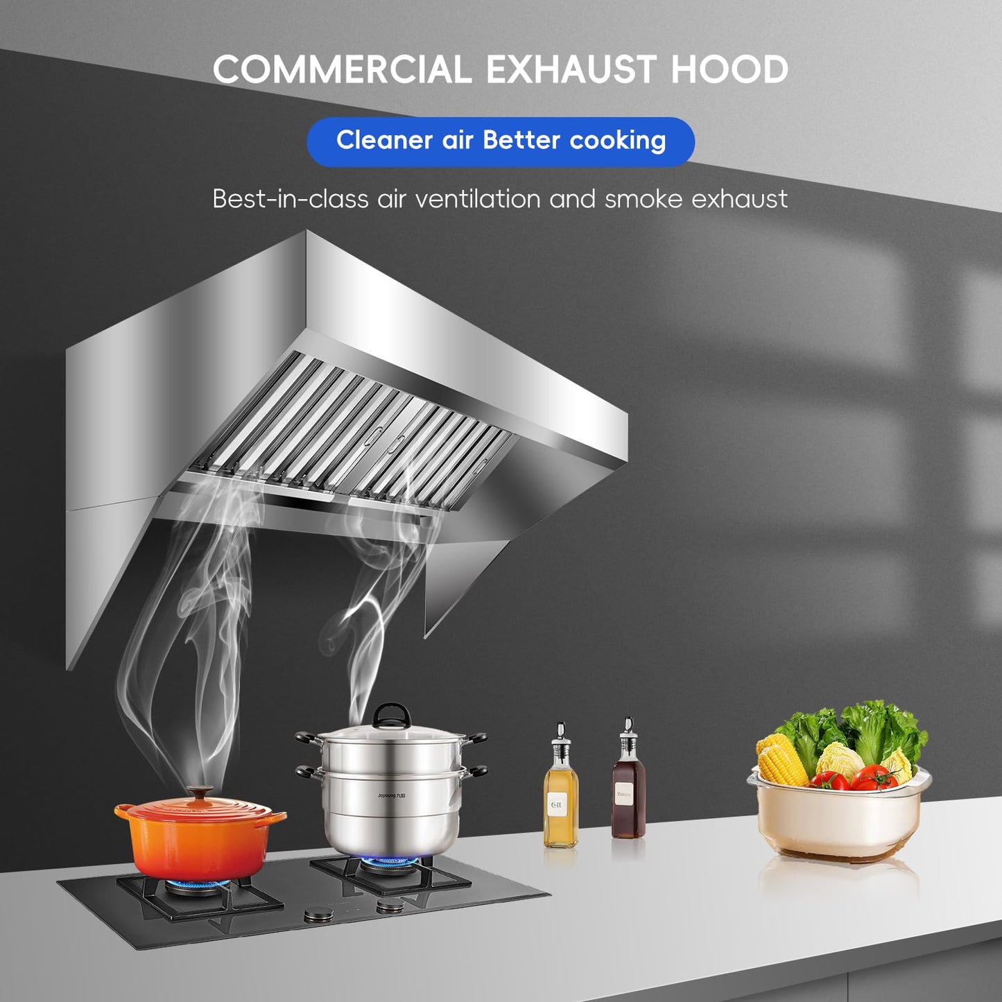 8FT Commercial Exhaust Hood with 4 Detachable U-shaped Grid Oil Filter Mesh, Rust-Resistant, 201 Stainless Steel Concession Trailer Food Truck Exhaust Vent Hood, for Restaurant Kitchen