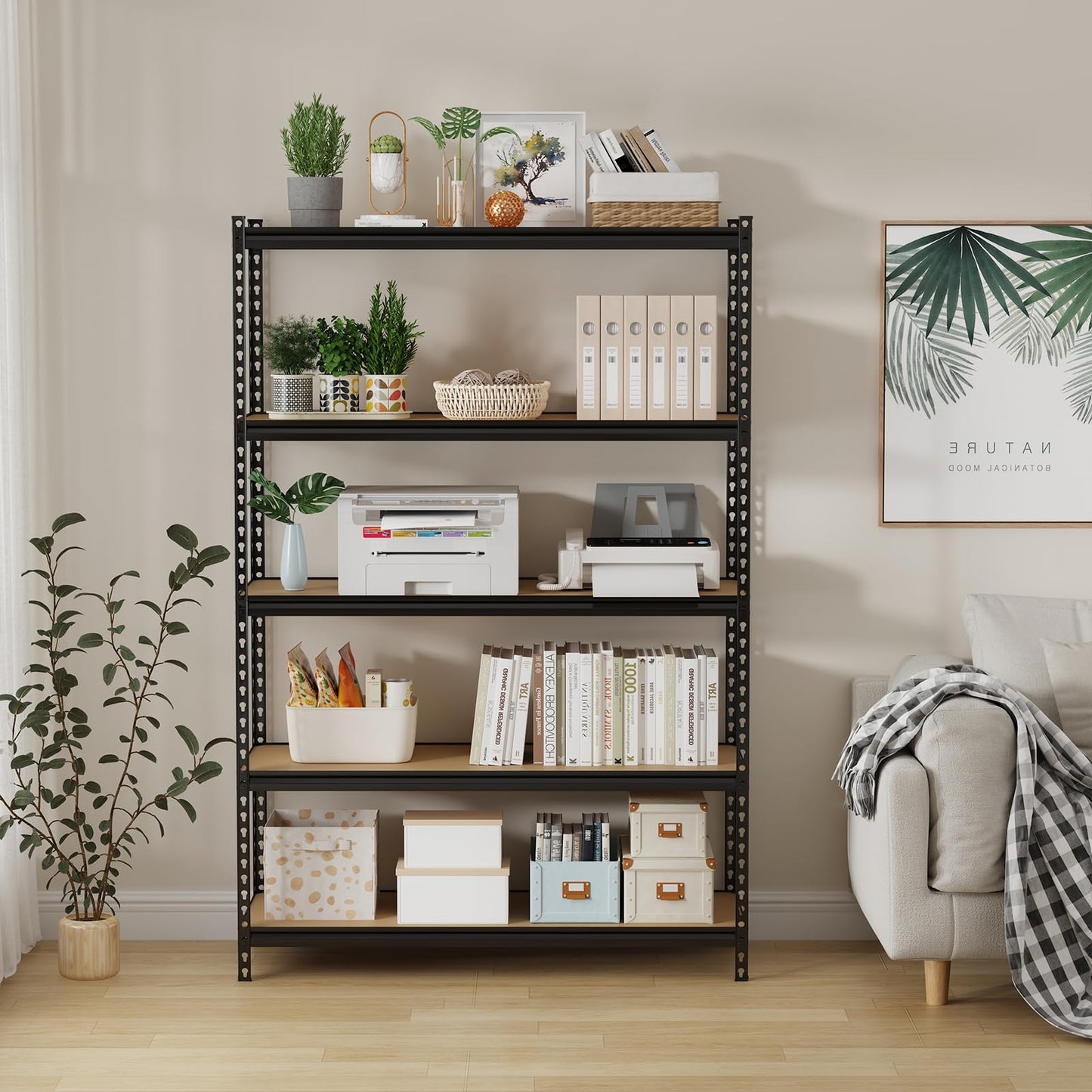 GarveeTech 5 Tier Garage Storage Shelves, Heavy Duty Utility Shelves Metal Shelving Unit, 48"L x 18"W x 73"H Adjustable Storage Shelves Utility Rack for Garage Kitchen Basement Pantry Laundry, Black