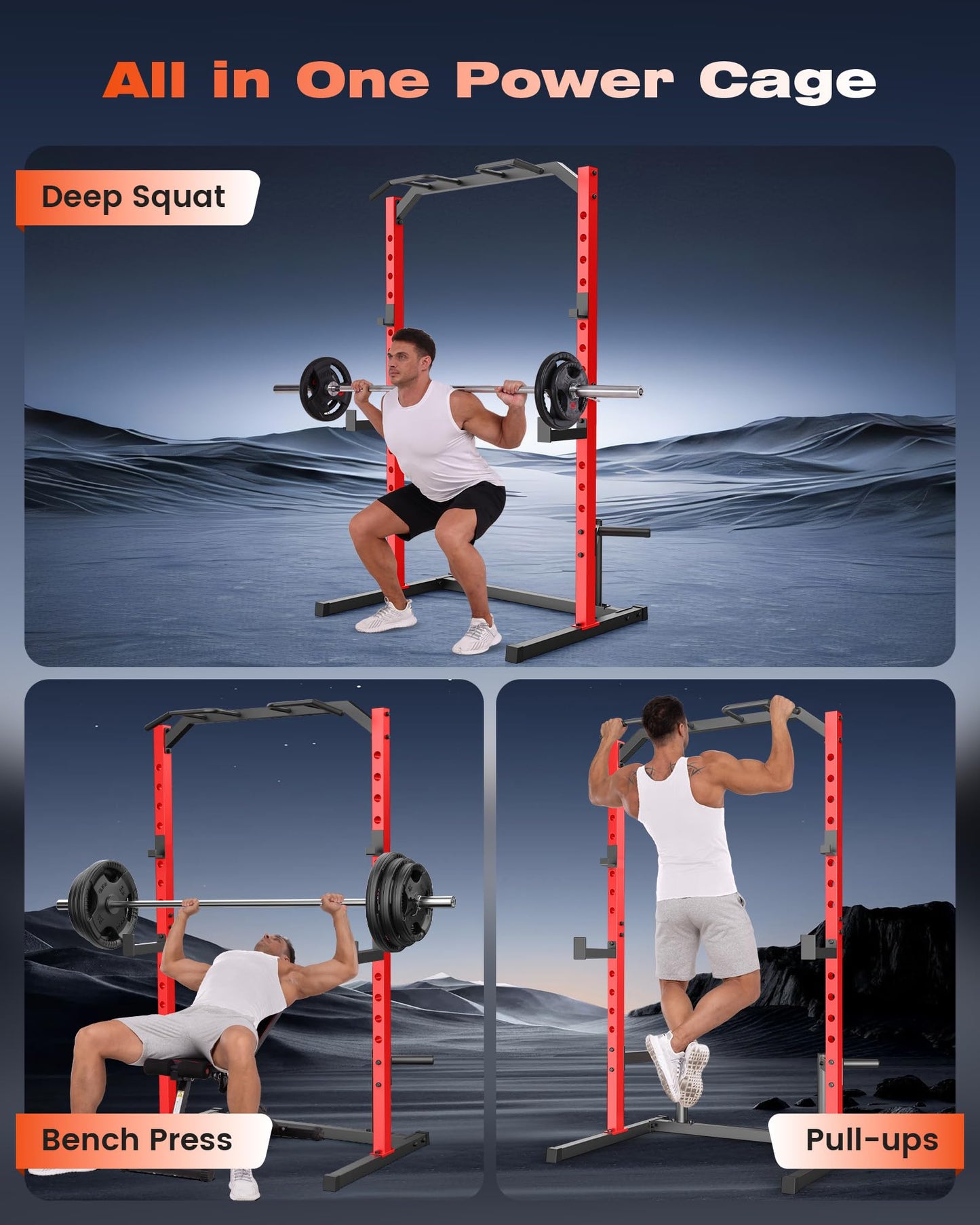 OPPSDECOR Squat Rack, Multi-Function Power Cage Rack with Adjustable Weight Bench, Squat Rack with Pull-up Bar, J-Hooks, More Training Attachment for Home Gym
