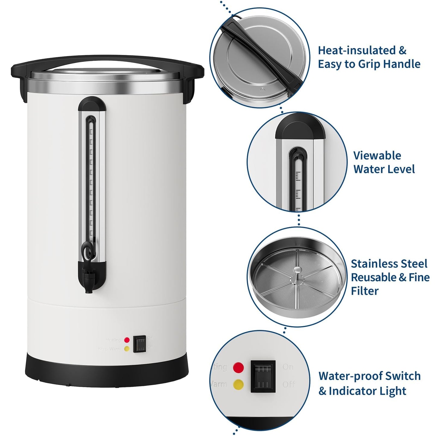 80 Cup Coffee Urn, 12L/3.2Gal Stainless Steel Hot Beverage Dispenser, Fast Brew Rapid Extraction, Auto Temperature Control Faucet, Commercial Hot Water Urn for Party Buffet Catering, White