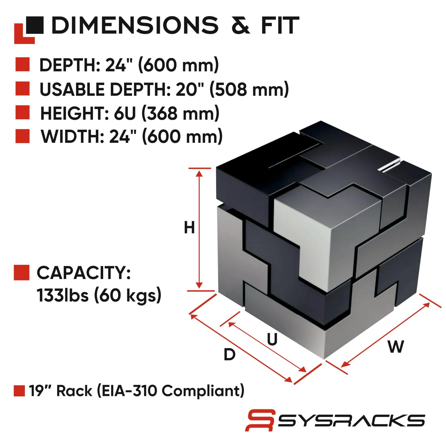 Sysracks 6U Wall Mount Server Rack Cabinet, 19” Network Enclosure, 24” Deep, Locking Glass Door, Custom-Ready IT Rack