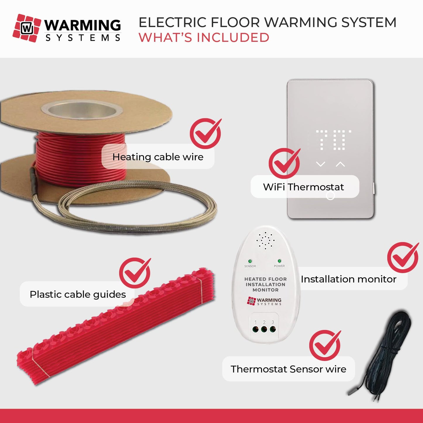 Warming Systems - 90 Sqft Electric Radiant Floor Heating Cable Kit – 120V Heated Tile Floor System with UWG5 Programmable Thermostat, Sensor, Installation Monitor & 25 Year Warranty, Made in the USA