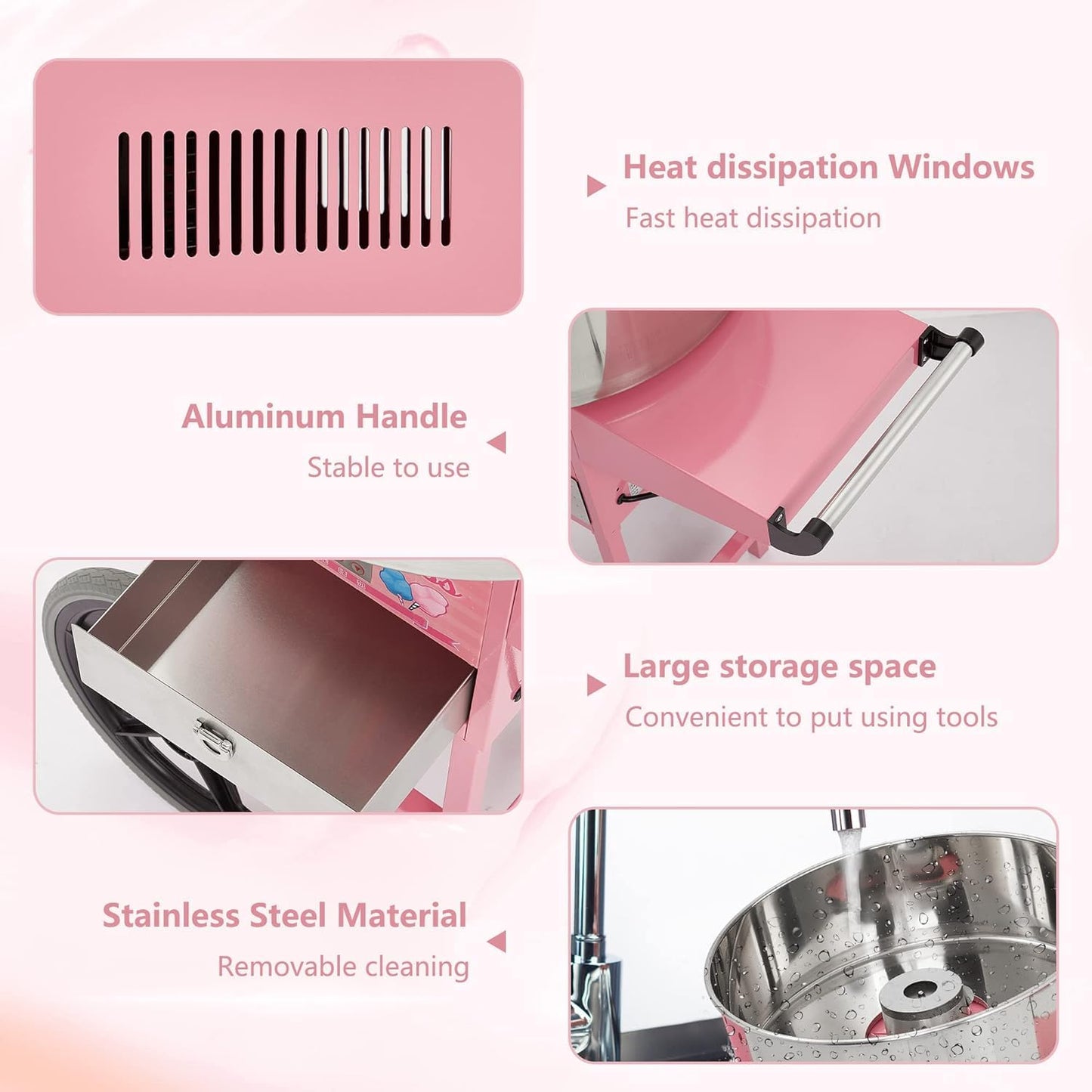 Electric Candy Cotton Machine With 20 in Stainless Steel Bowl,Cotton- Candy Maker Machine for Kids With Cart,Nostalgia Candy Cart Commercial For Party, Home,Festival,Amusement Park,Carnival,Pinks