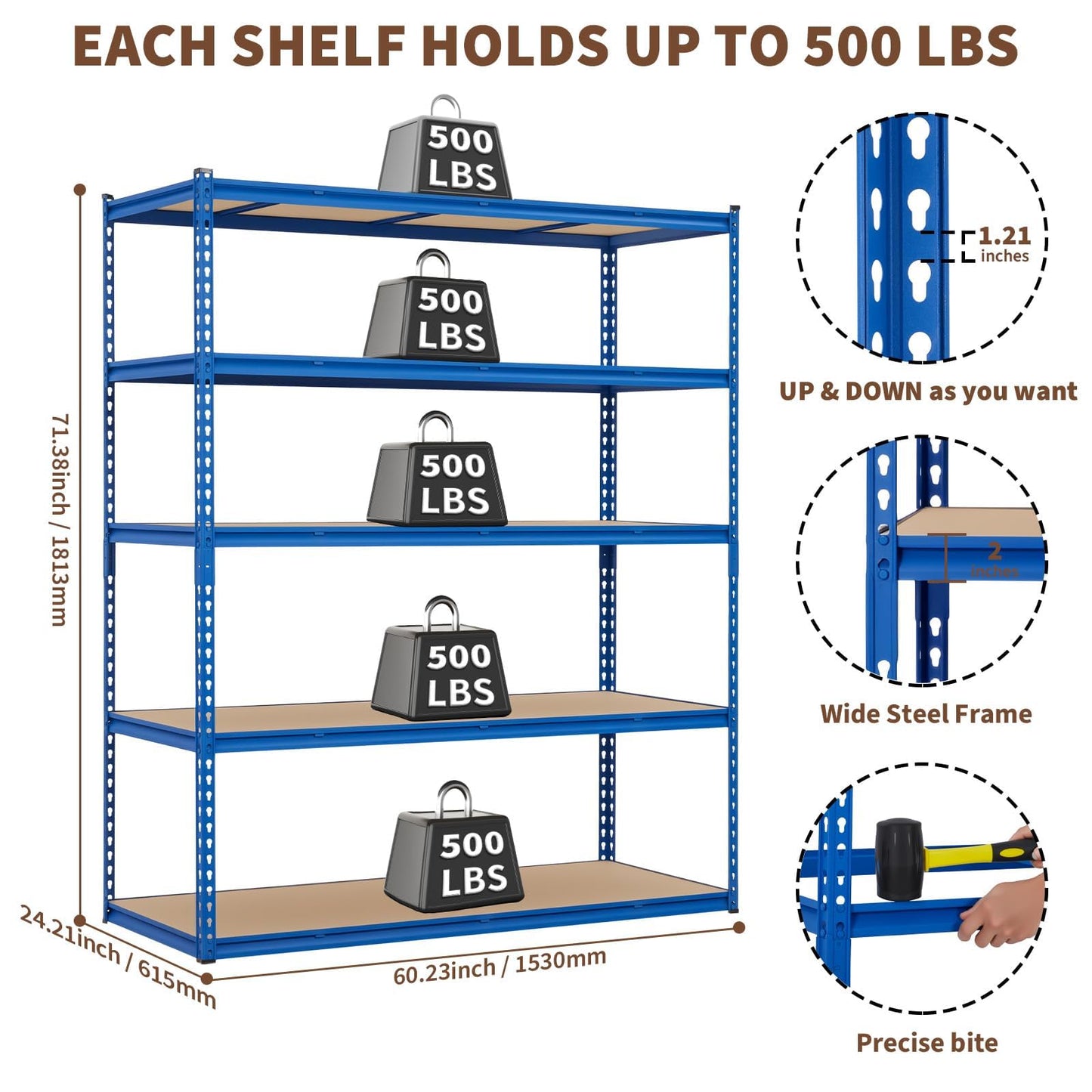 PioneerWorks Heavy Duty Garage Shelving, 5-Tier Adjustable Metal Storage Racks, 2500 LBS Capacity,60" W x 24" D x 71" H, Boltless Shelving Unit for Basement, Workshop, Pantry，Blue