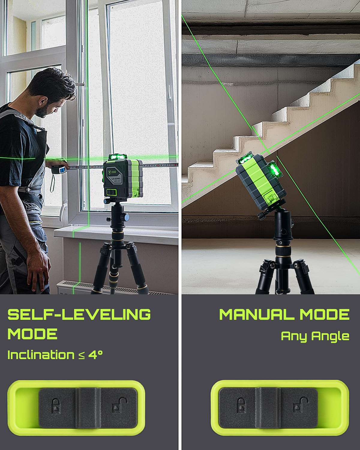 LasGoo LG-3DMAX 3x360° Green Laser Level, 3D Self-Leveling Cross Line Laser with 2 Rechargeable Lithium Batteries, Fine-Tuning Bracket Adapter, Green Laser Enhancement Glasses, and Hard Carrying Case