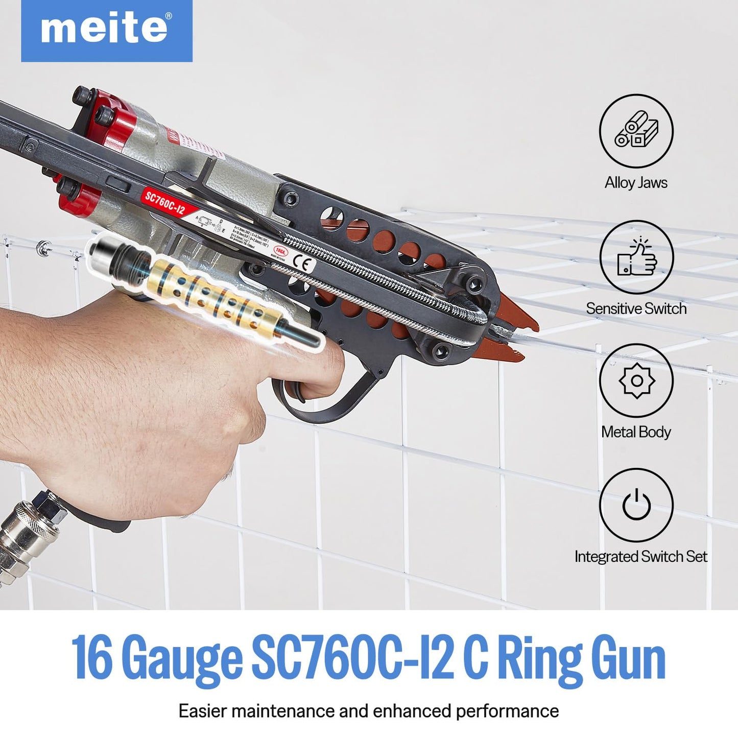 meite SC760C-I2 16GA 1/2-Inch Pneumatic Hog Ring Gun with 3,600 PCS Stainless C Ring Staples for Wire Fencing or Securing Fastening