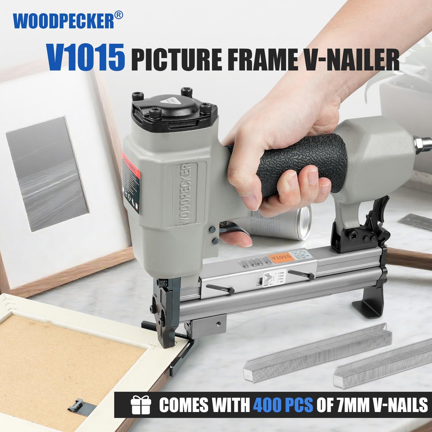 Woodpecker V1015 Pneumatic Picture Frame V Nailer Fits 7 mm to 15 mm (9/32" to 19/32") V Nails, Frame Stapler or Joiner for Picture Framing