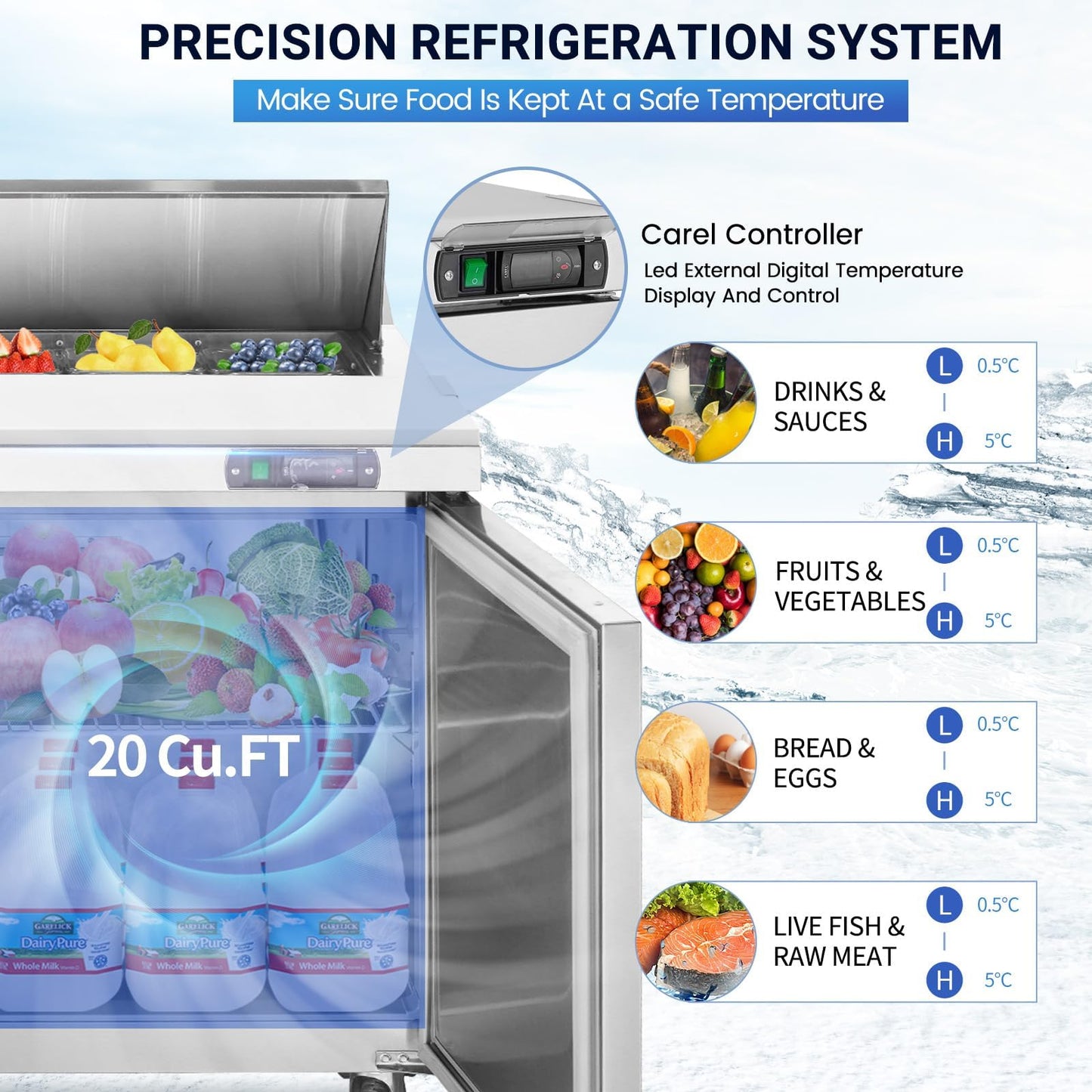 kalifon 72" W 3 Door Commercial Refrigerator Sandwich Salad Prep Table Stainless Steel Fan Cooling Refrigerator with Cutting Board, 3 Shelves & 30 Pans for Restaurant, Bar, Shop-20 Cu.ft