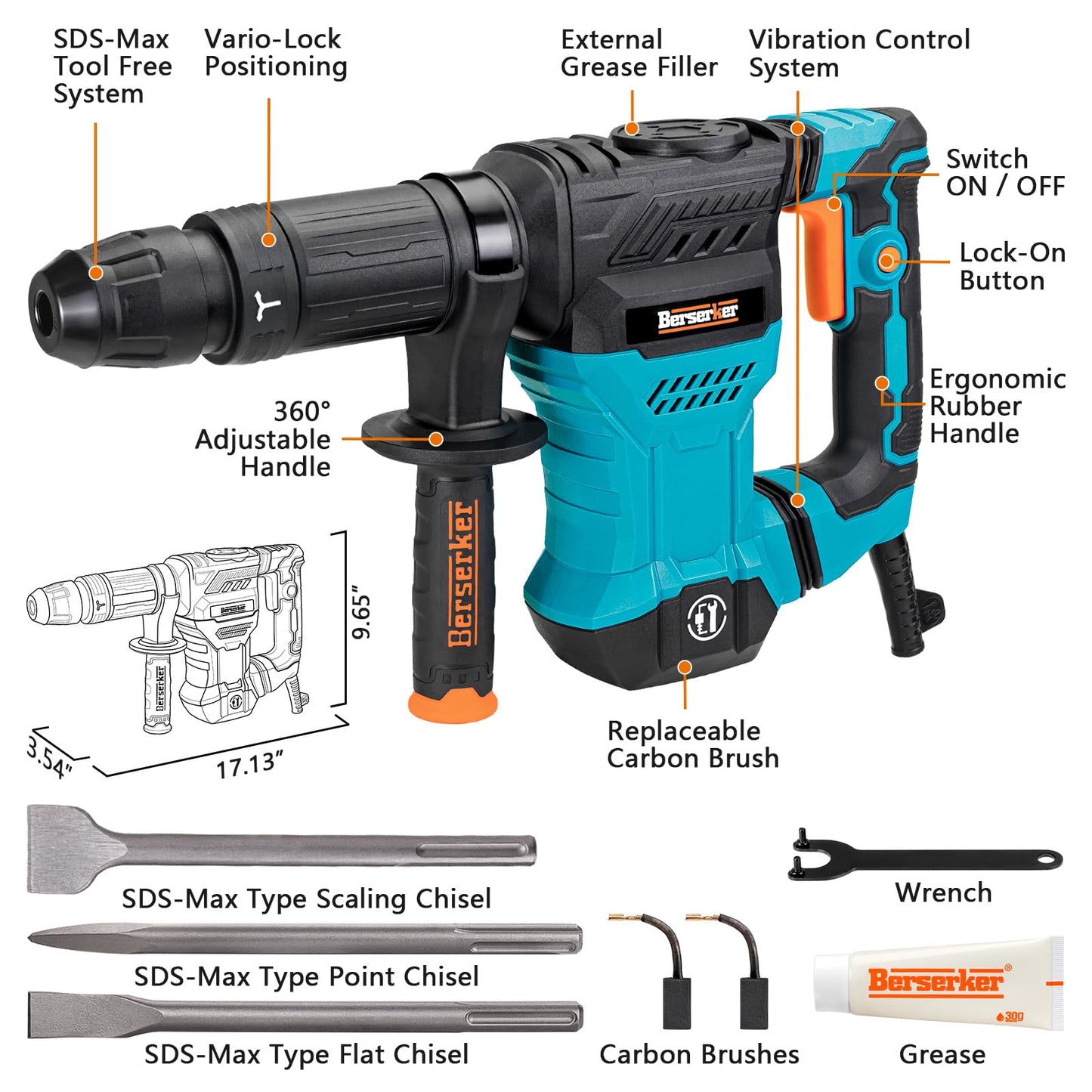 Berserker 12-Pound SDS-Max Demolition Jack Hammer with 6 x 15 In. SDS Max Wide Scaling Chisel