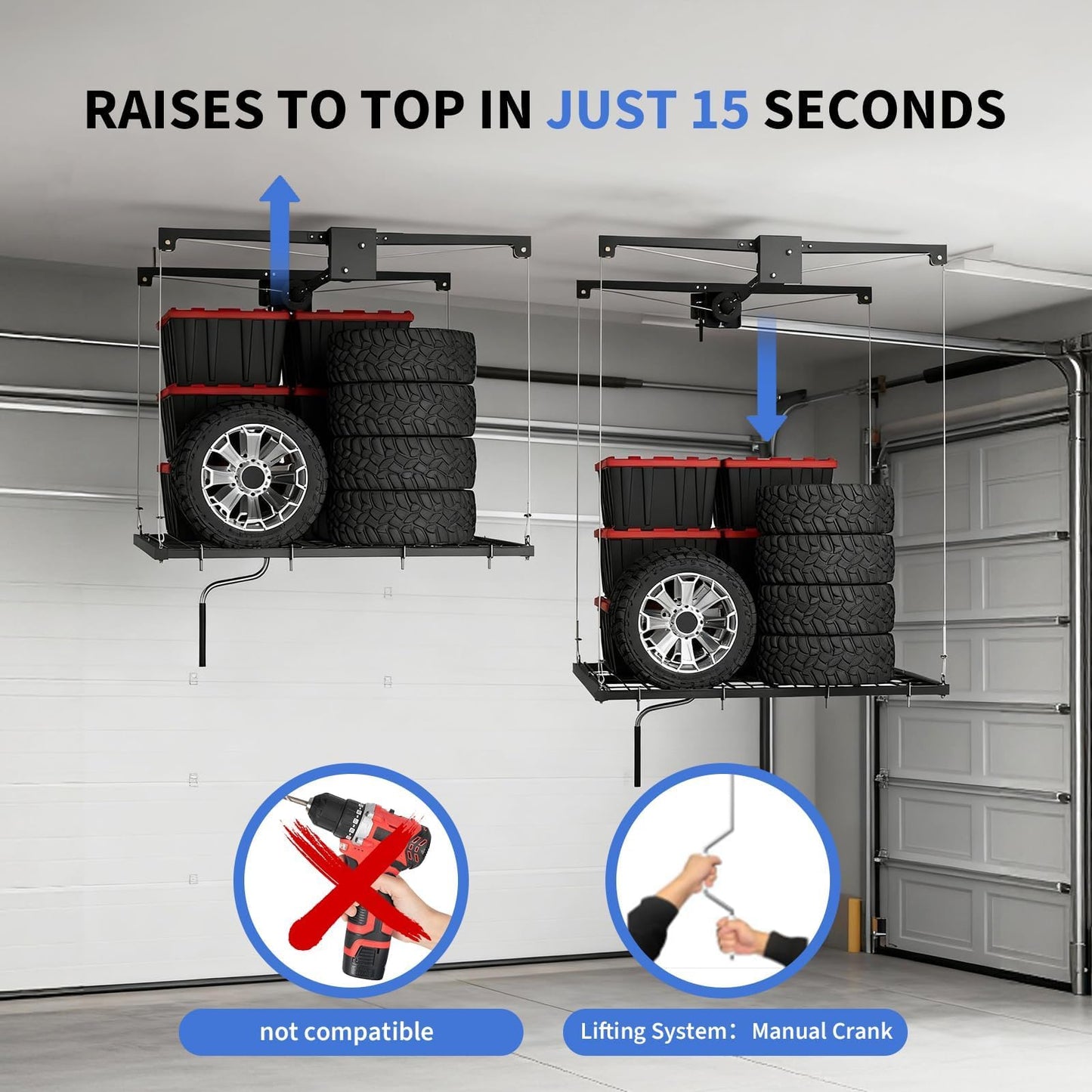 Overhead Ceiling Storage Rack 4x4 ft,Heavy-Duty Carbon Steel Garage Lifting Rack with Manual Hand Crank, Adjustable Height, 350 Lbs Capacity, Maximizes Overhead Space for Garages, Basements
