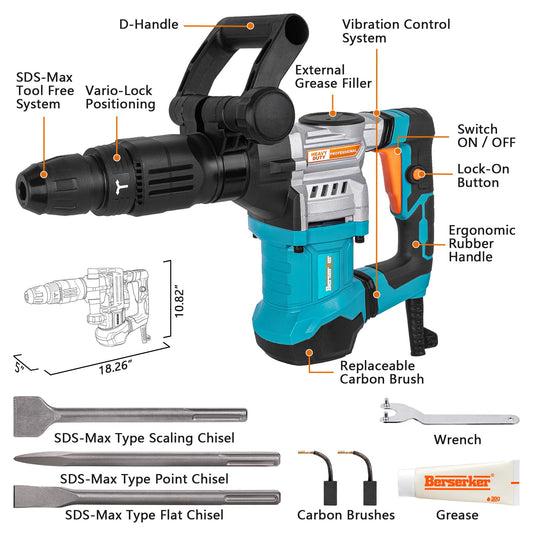 Berserker 16-Pound SDS-Max Demolition Jack Hammer with SDS Max Ground Rod Driver for 5/8 Inch & 3/4 Inch Ground Rods