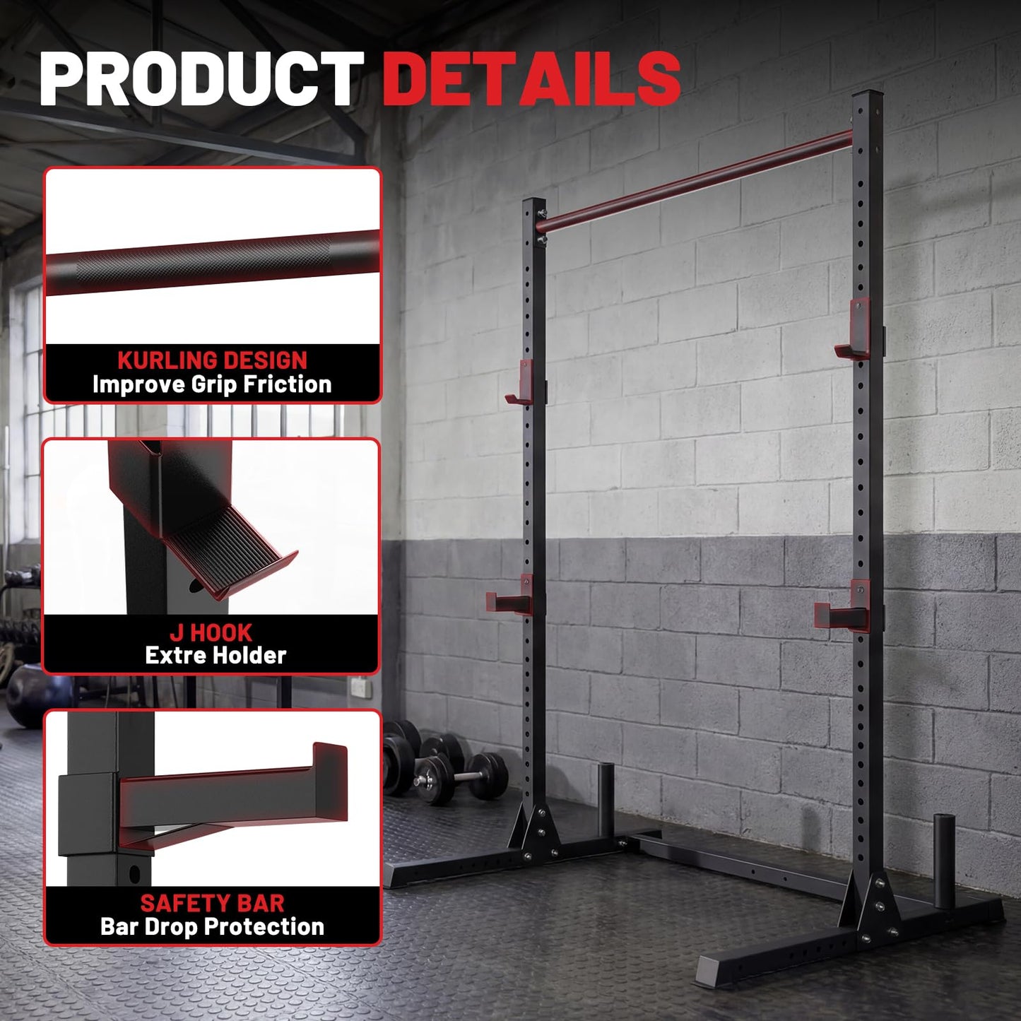 Squat Rack with Pull Up Bar for Home Gym, Adjustable Power Cage with J-Hooks, Multi-Functional Power Rack for 6FT, 7FT Barbell, Strength Training and Bodybuilding Equipment