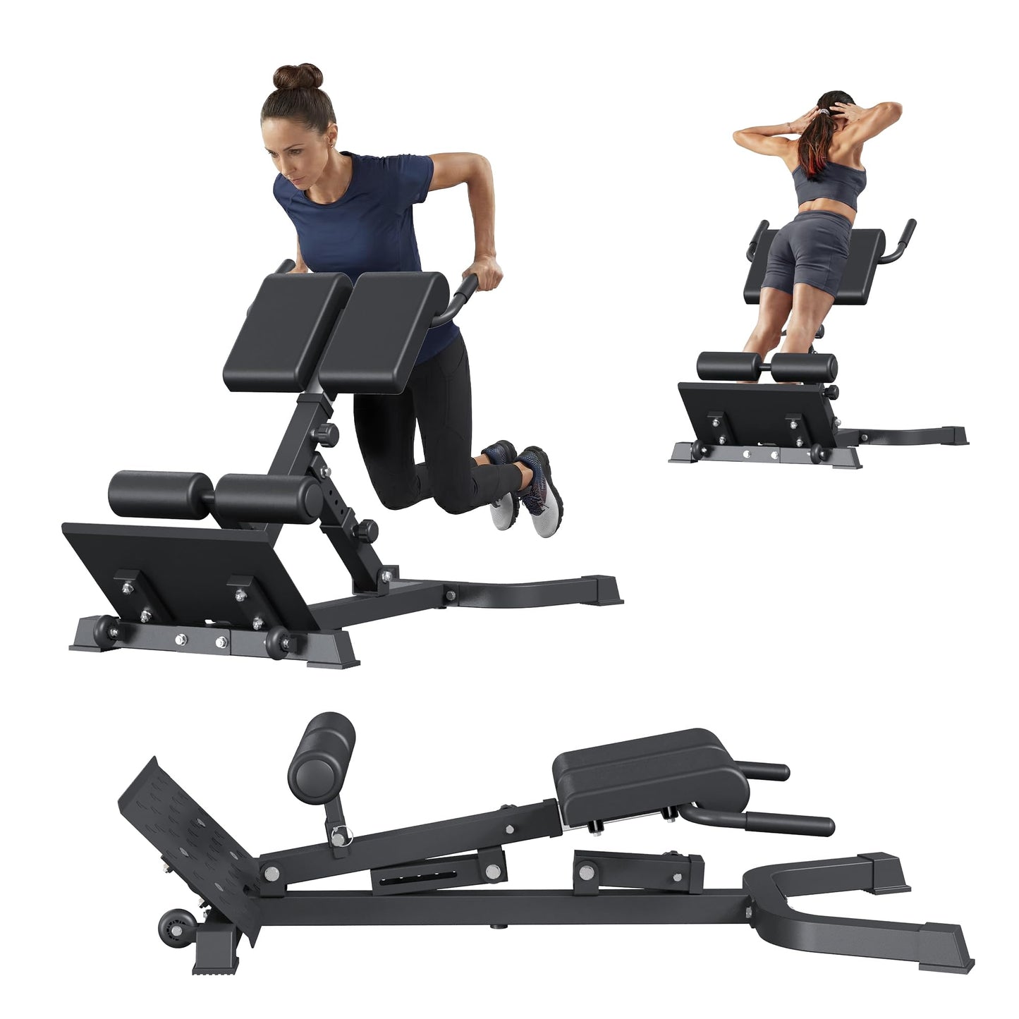 Foldable Roman Chair with Wheels - 6 Height & 5 Angle Adjustable Hyperextension Bench for Glutes and Core - Multi-Function Back Exercise Machine, 300 Lbs Capacity