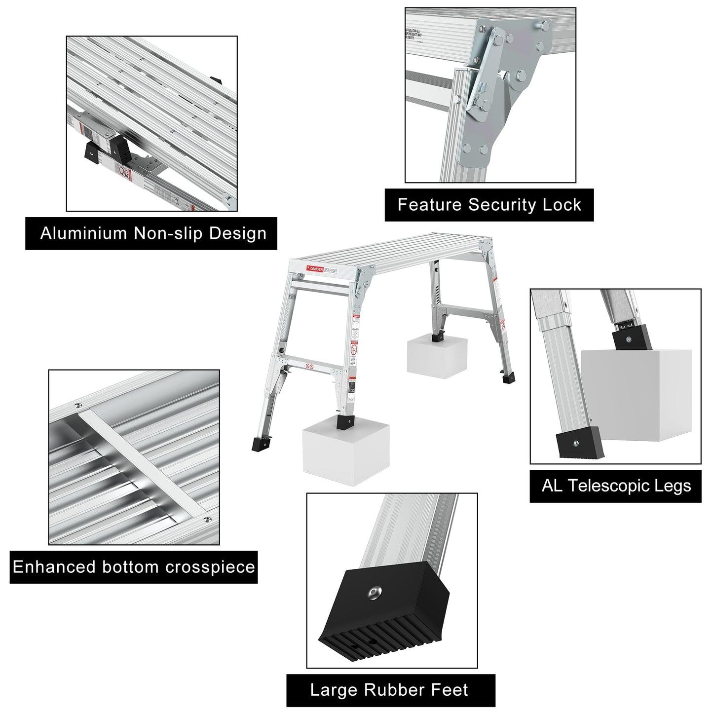 40" Aluminum Folding Work Platform/Step Stool with Telescoping Legs 22" - 27.5" Height Adjustable - 225 lbs, Non-Slip, Portable Ladder Bench for Washing, Painting