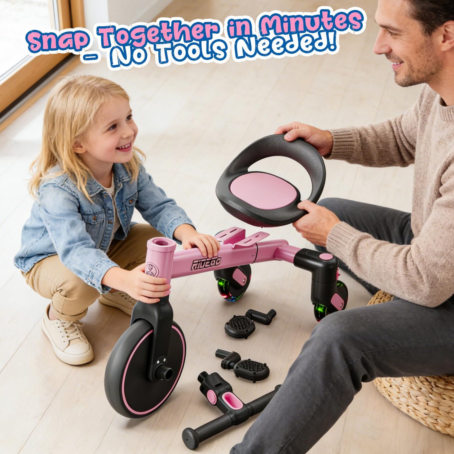 Ridego 3-in-1 Toddler Tricycle for 2-5 Years, Drift Trike with 360° Spin, Light Up Wheels, Adjustable Seat, Toddler Bike for Boys Girls