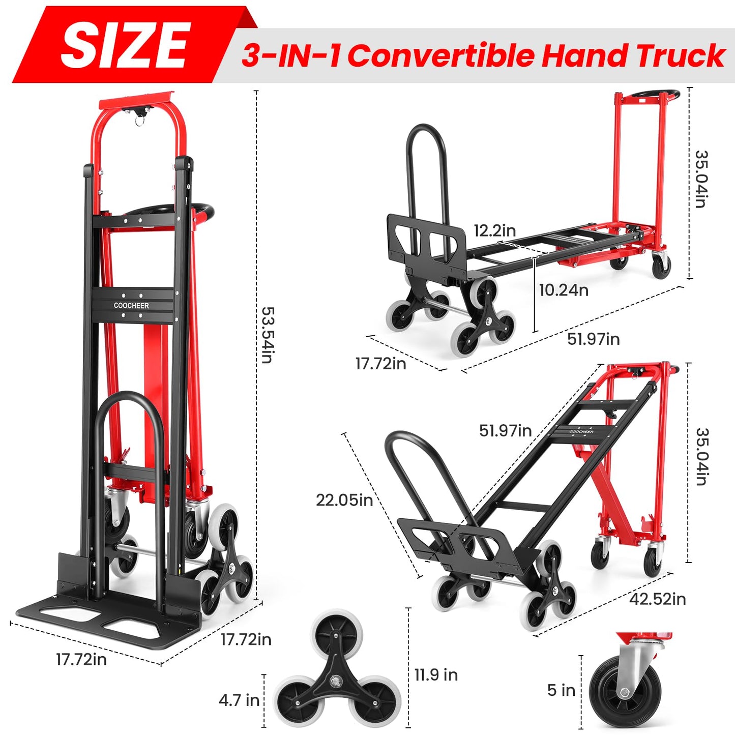 Heavy Duty Stair Climbing Hand Truck - 1000 LBS Capacity 4-in-1 Convertible Dolly Cart, Foldable Platform Utility Cart for Moving Boxes, Industrial Grade Steel Construction(red)