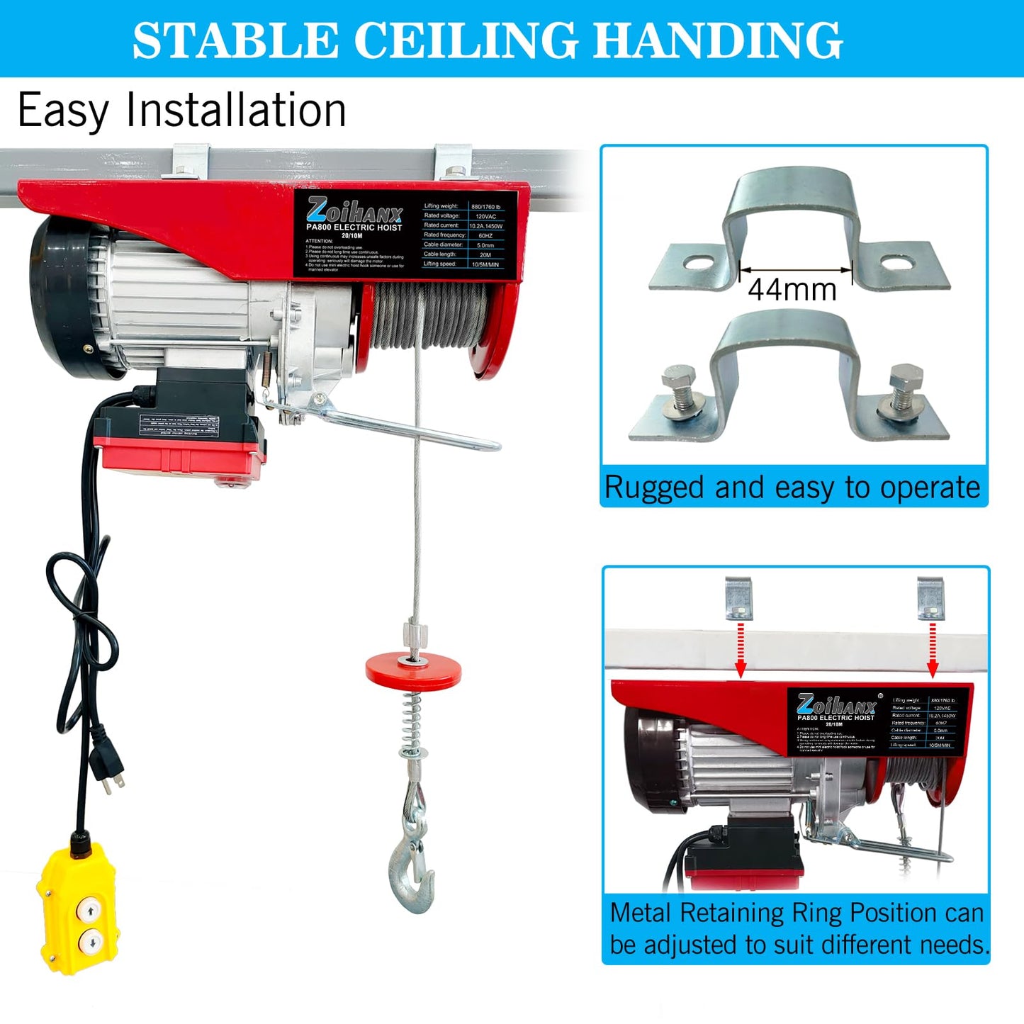 Electric Hoist Winch, 880 lbs 120V Electric Hoist with Remote Control,16ft/33ft Lifting Speed,328ft Wireless/Wire Electric Hoist for Garage,Warehouse,Factory,Construction Site, Attic