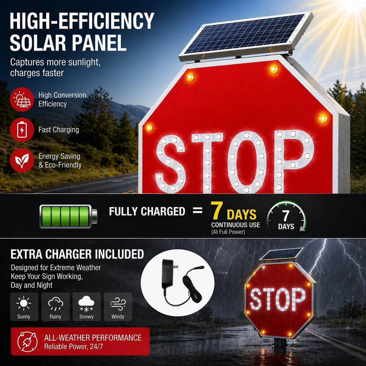GAJTTR 24in Solar Powered LED Flashing Stop Sign, MUTCD Compliant Traffic Stop Sign with 44 Blinking LEDs,Engineer Grade Reflective Film, Heavy Duty Aluminum Metal Frame Blinking Road Warning Sign for Industrial,School,Driveway,Fire Lane (Red)