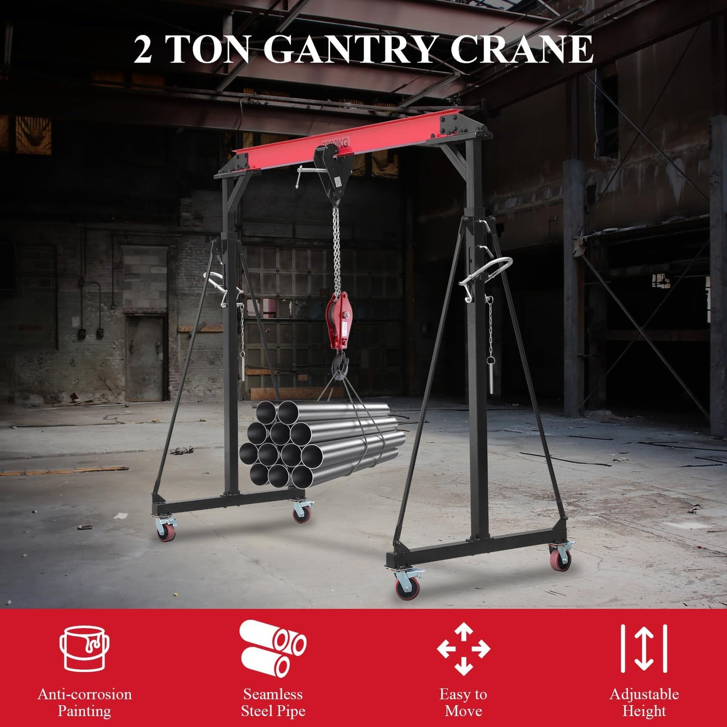 1 Ton Heavy-Duty Adjustable Gantry Crane, 2200 Lbs Capacity, 8.5Ft Span, 7.5Ft-12Ft Adjustable Height, Steel Hoist with Locking Wheels for Warehouse Workshop Garage