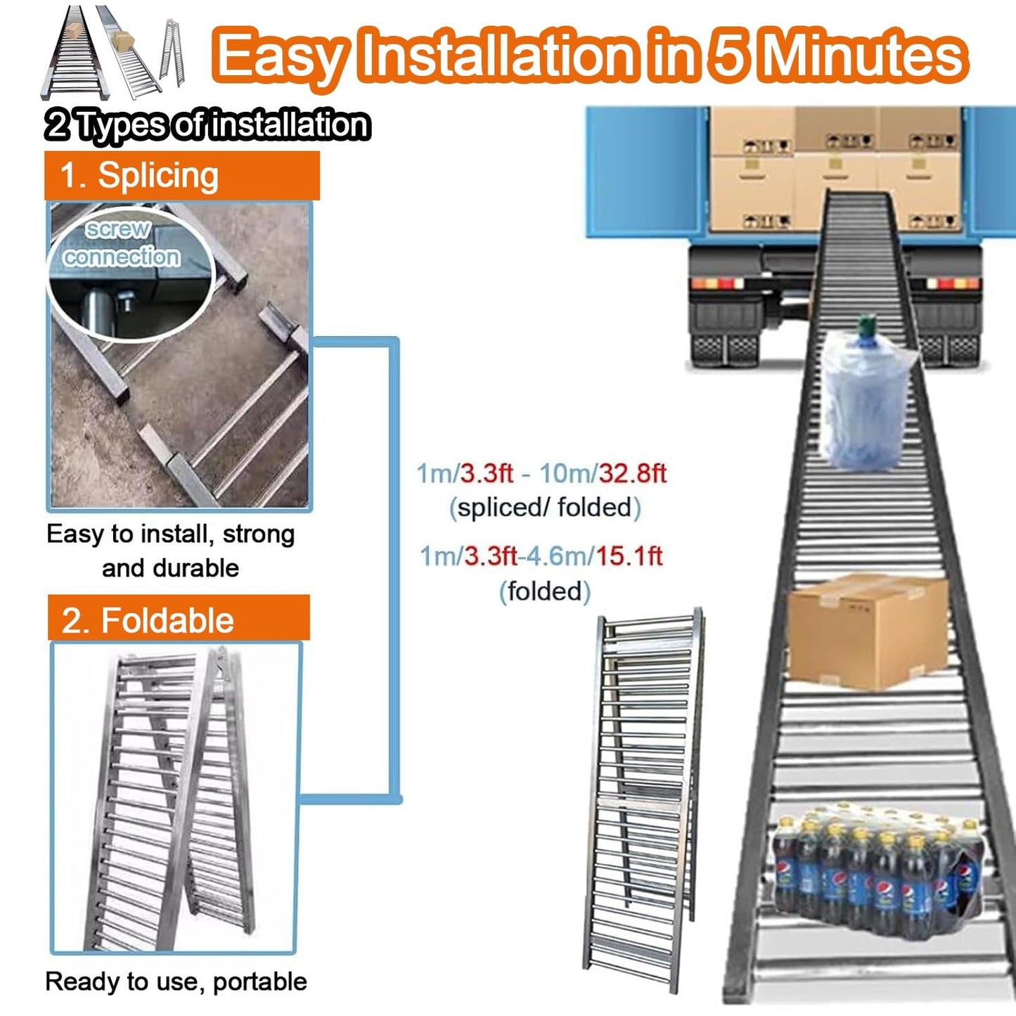 Adjustable Heavy Duty Conveyor Roller for Warehouse Unloading, 3.3ft to 33ft Length, 20" Width, Height-Adjustable Stand, 16.4ft Length - Ideal for Efficient Material Handling