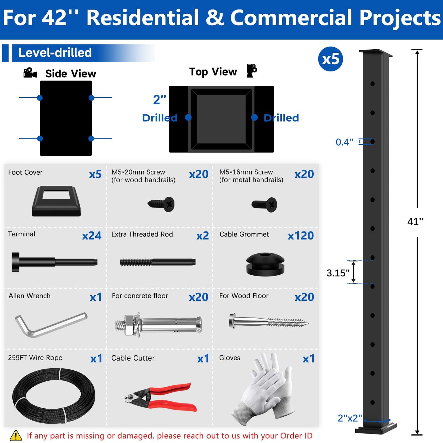 Zylorix 16ft-20ft Modular Cable Railing Post Kit 42" T304 Stainless Steel 5 Level Post Kit, Surface Mount Black Cable Railing System for Decks Length Adjustable Easy DIY, 259ft 1/8" Wire(No Handrail)