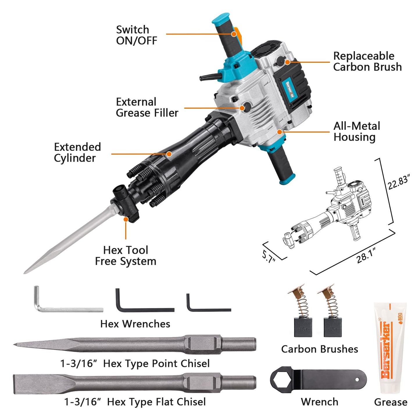 Berserker 50-Pound Demolition Jack Hammer with 4 pc. 1-3/16" Hex Chisels (Point & Flat Tips)