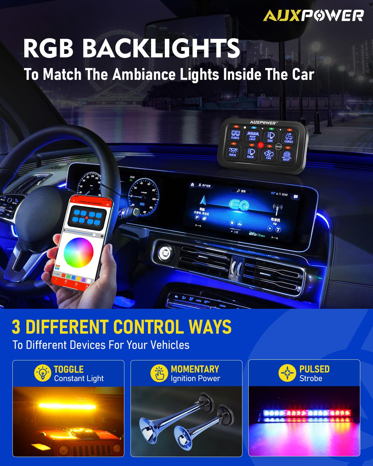 Auxpower RGB 8 Gang Switch Panel with App Control Turn On/Off Momentary Pulsed Multifunction 12V Switch Panel for Truck Circuit Control Relay System Switch Panel Waterproof for Car Boat Truck RV