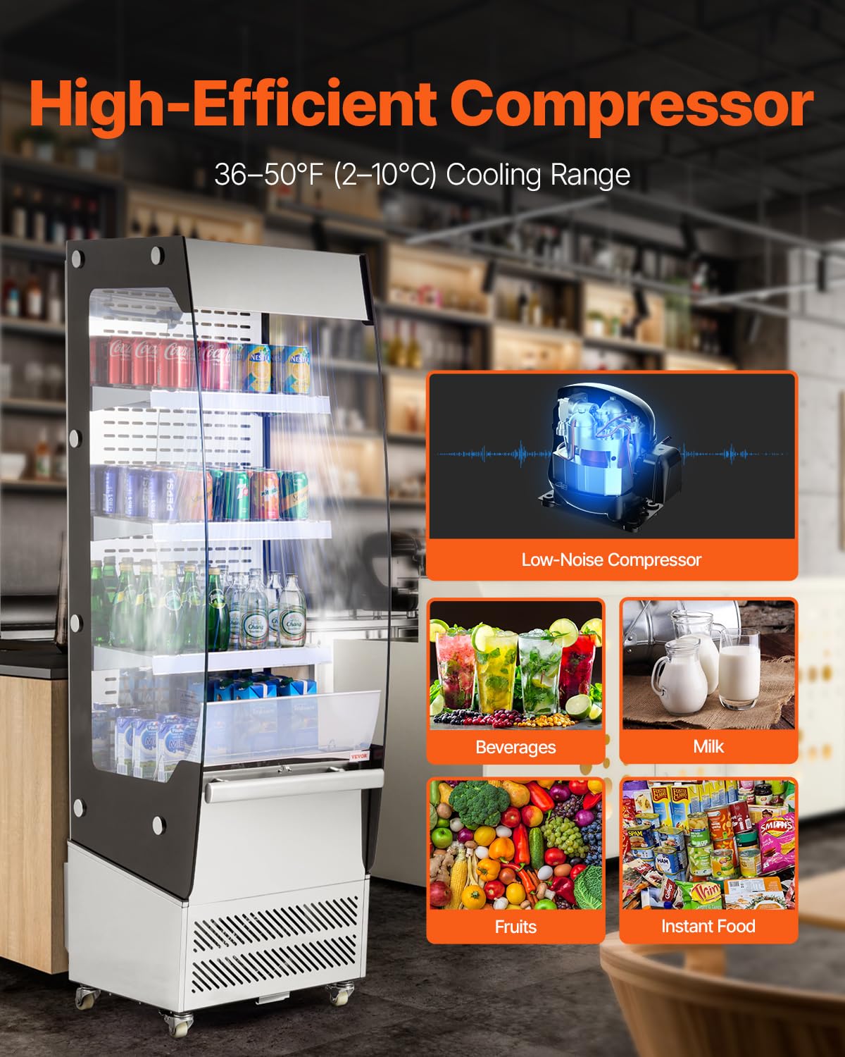 VEVOR Open Air Merchandiser, 3-Tier Shelving Commercial Refrigerator, Grab and Go Display Cooler Refrigerator with Air Curtain, 4 Swivel Wheels, LED Light, for Restaurants, Stores, Office, 7.8cu.ft.