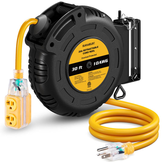 SURAIELEC Retractable Extension Cord Reel, 30FT 10AWG/3C SJTOW Heavy Duty Power Cord, 20 Amp Circuit Breaker, 4 Lighted Grounded Outlets, Wall/Ceiling Mount, ETL Listed