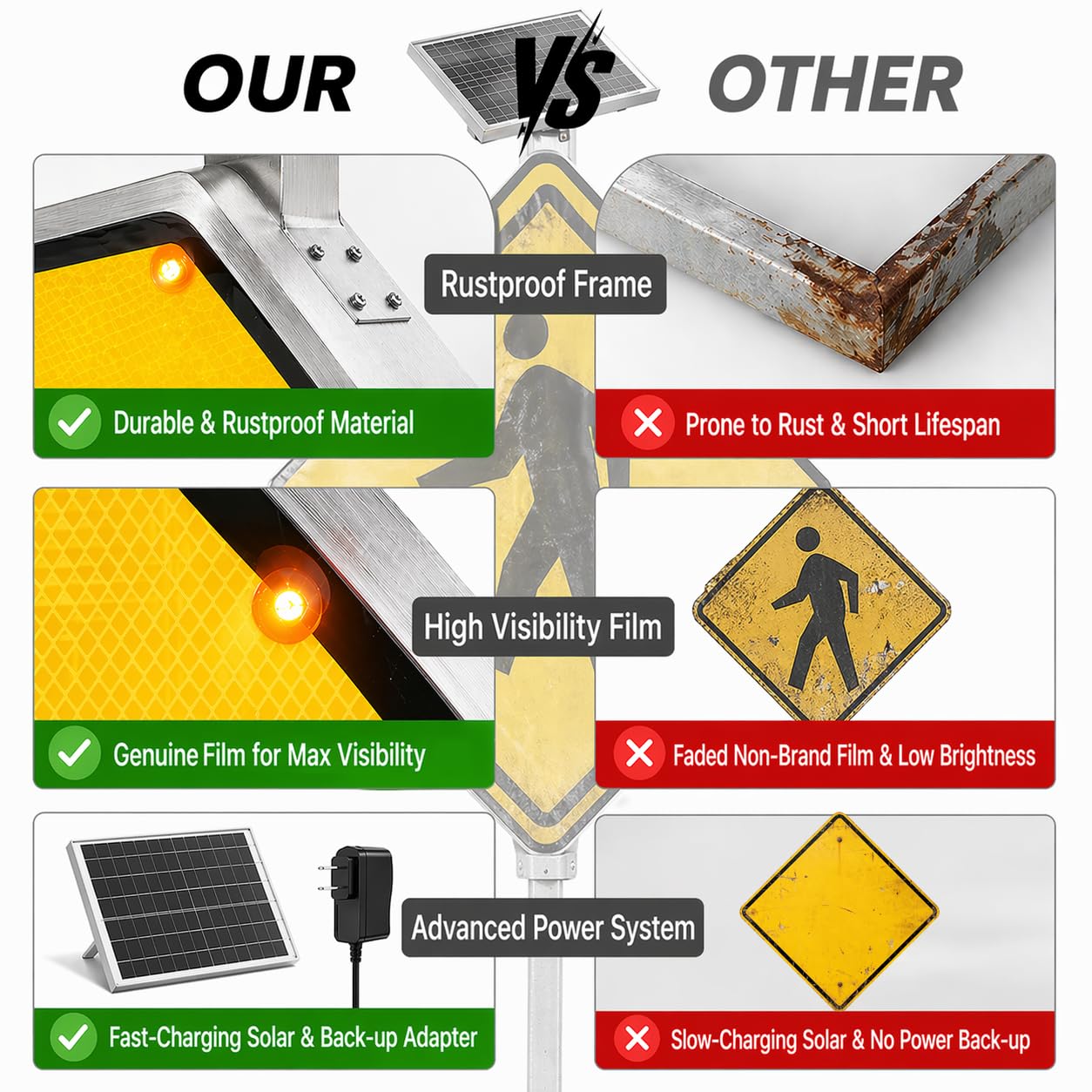 GAJTTR 30" Solar Powered LED Pedestrian Crossing Sign, High Visibility Flashing Crosswalk Sign with 8 Blinking LEDs, Engineer Grade Reflective Film, Heavy Duty Aluminum Metal Frame for Schools, Driveways & Communities (Yellow)