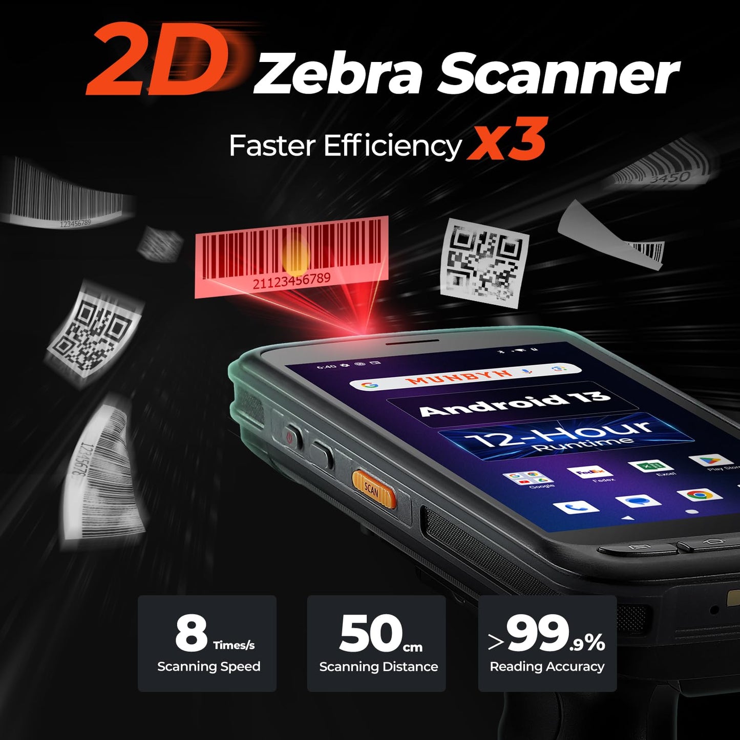 MUNBYN Android Barcode Scanner Full Screen, 8000mAh Mobile Computer, 1D/2D QR Zebra SE4710 Engine, Handheld Android 13, PDA for WMS, 4G Wi-Fi Inventory Bar Code Scanner