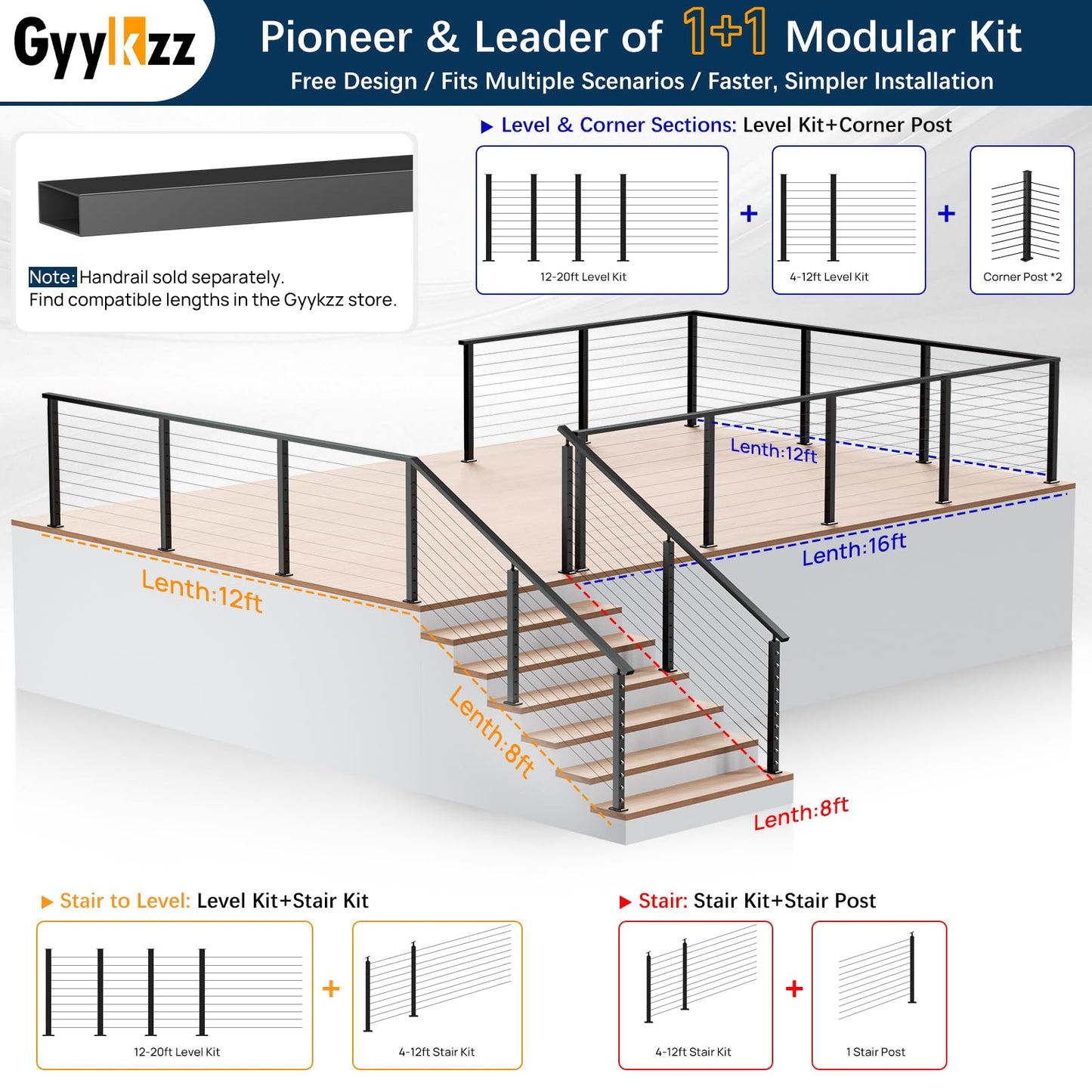 Gyykzz 4-12FT Swageless Black Stair Cable Railing Kit 36Inch 2 Stair Post Kit Fit 28-38 Degree Stairway, Cable Railing System with Patent Terminal for Staircase, Railing Kit Length Adjustable Easy DIY