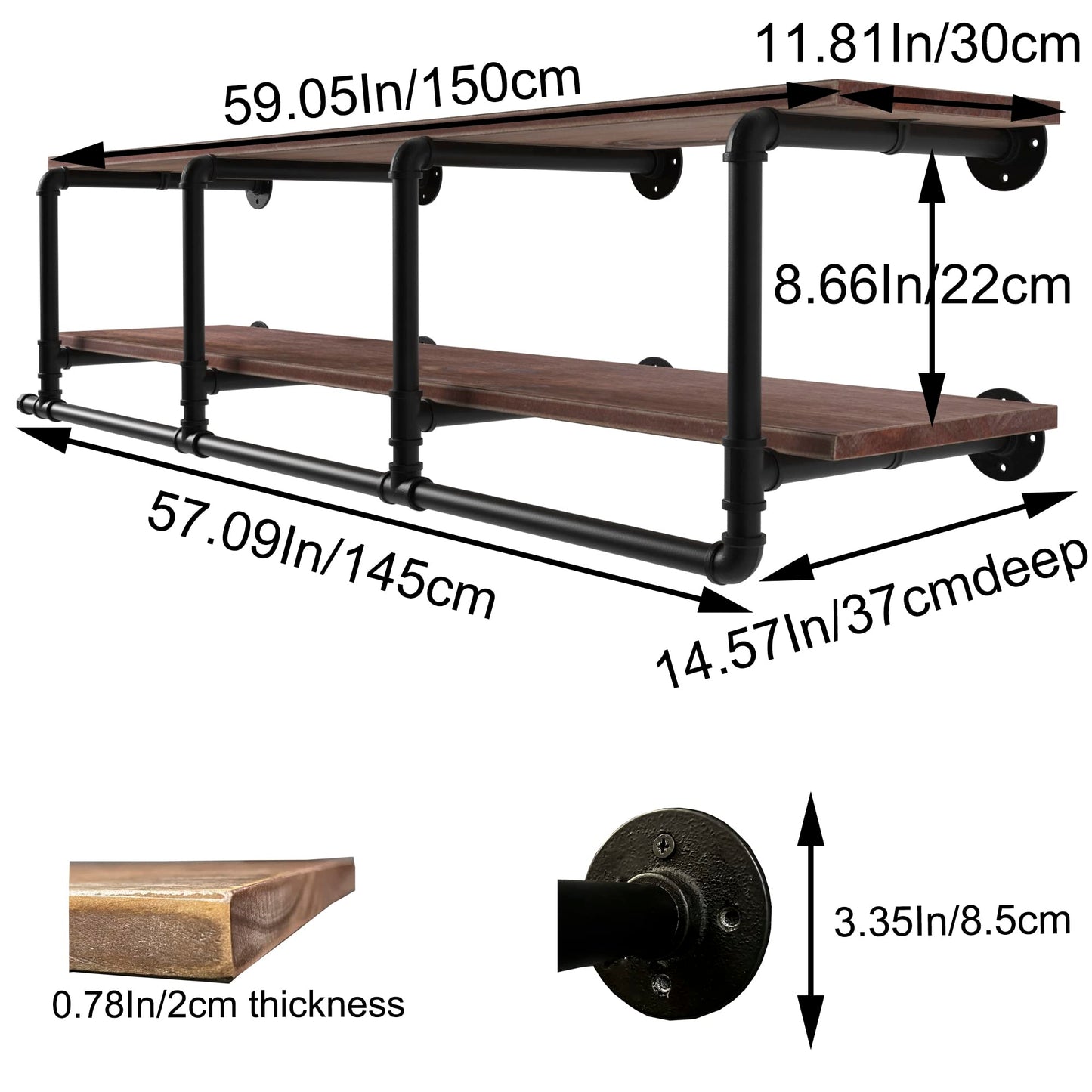 TEDIDUWA 60In Industrial Pipe Clothing Rack with Top Shelf, Space-Saving Wall Mounted Clothes Rack 2 Tiers Pipe Shelves, Shelf with Hanging Rod for Laundry Room, Closet Storage
