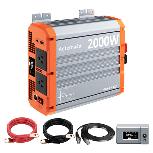 2000W Pure Sine Wave Inverter 12V DC to AC 110V/120V, RV Inverter with Remote, Solar Battery Inverter 12V Inverter for Power Outage Off-grid Shed, 2 AC Outlets,USB&Type-C 30W, 2 LCD Screens,Surge4000W