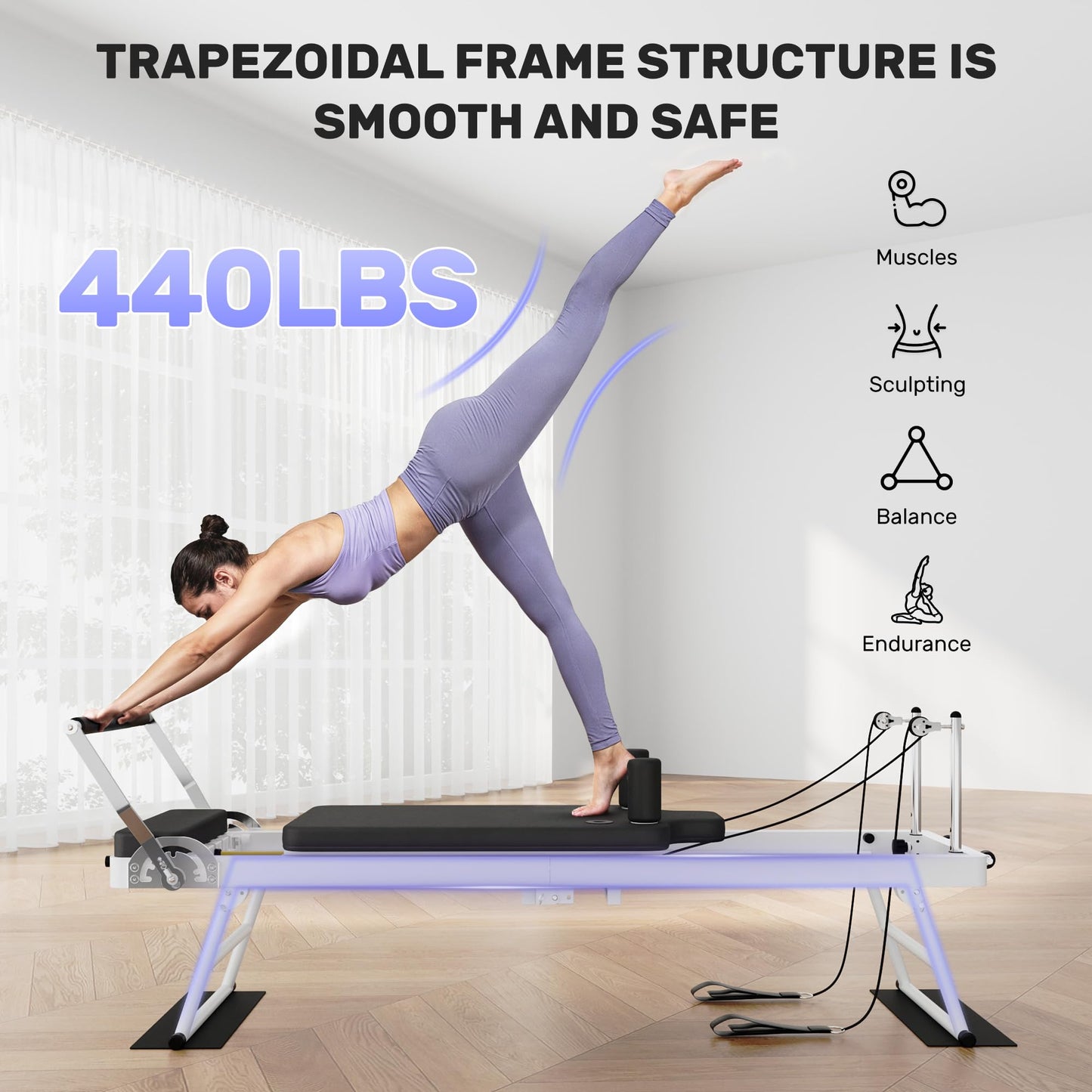 Pilates Reformer, Foldable Pilates Machine for Home and Gym Workout with Dual Resistance and Adjustable Heights, Pilates Equipment Suitable for Advanced and Beginners Users, Up to 440 LBS (White)