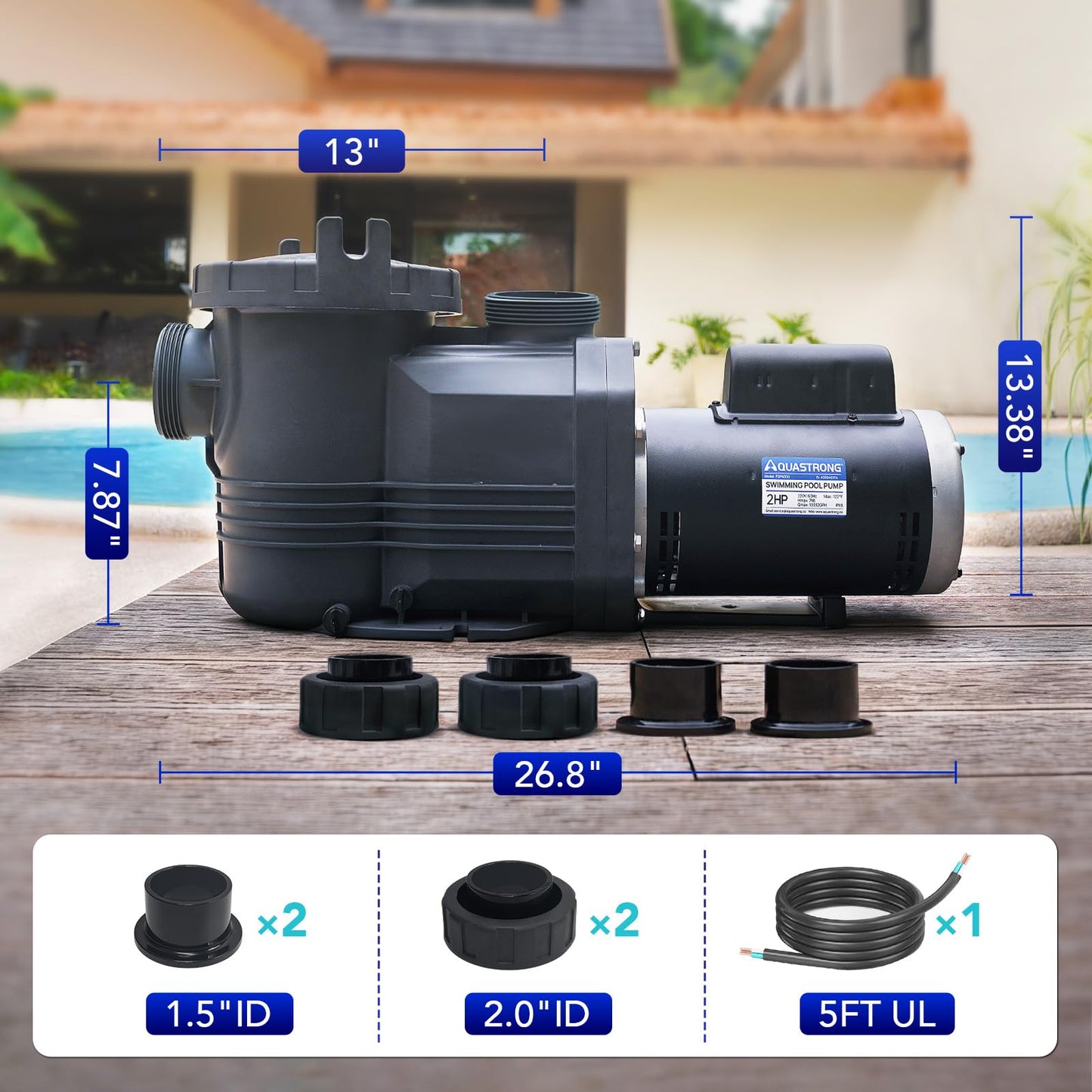 AQUASTRONG In/Above Ground Pool Pump Pure Copper Motor Energy Efficient High Flow Powerful Self Primming Swimming Pool Pumps with Filter Basket, Grey